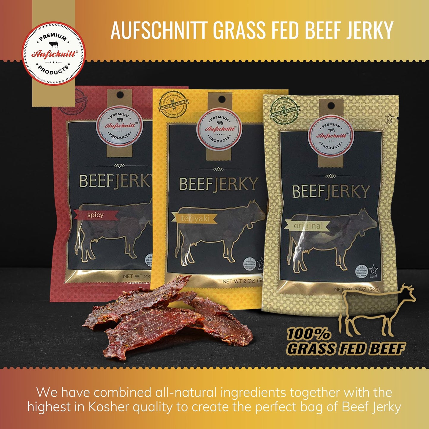Premium Aufschnitt Beef Jerky - Grass Fed, Low Sodium, Keto Friendly - 3 Pack Variety