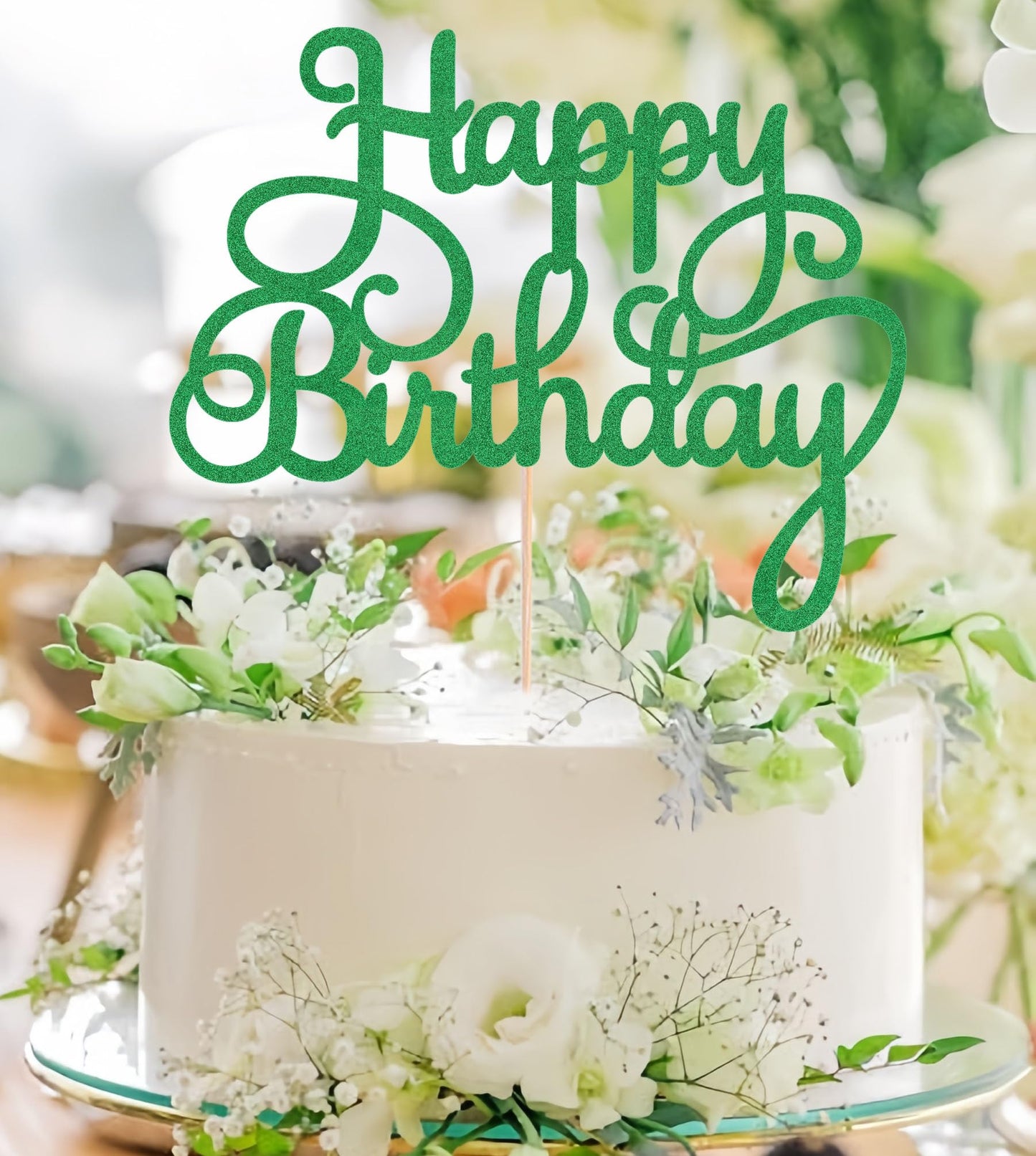 EONNCNT Happy Birthday Cake Topper - Green Glitter Paper Decoration - Model MOUCCT-HB