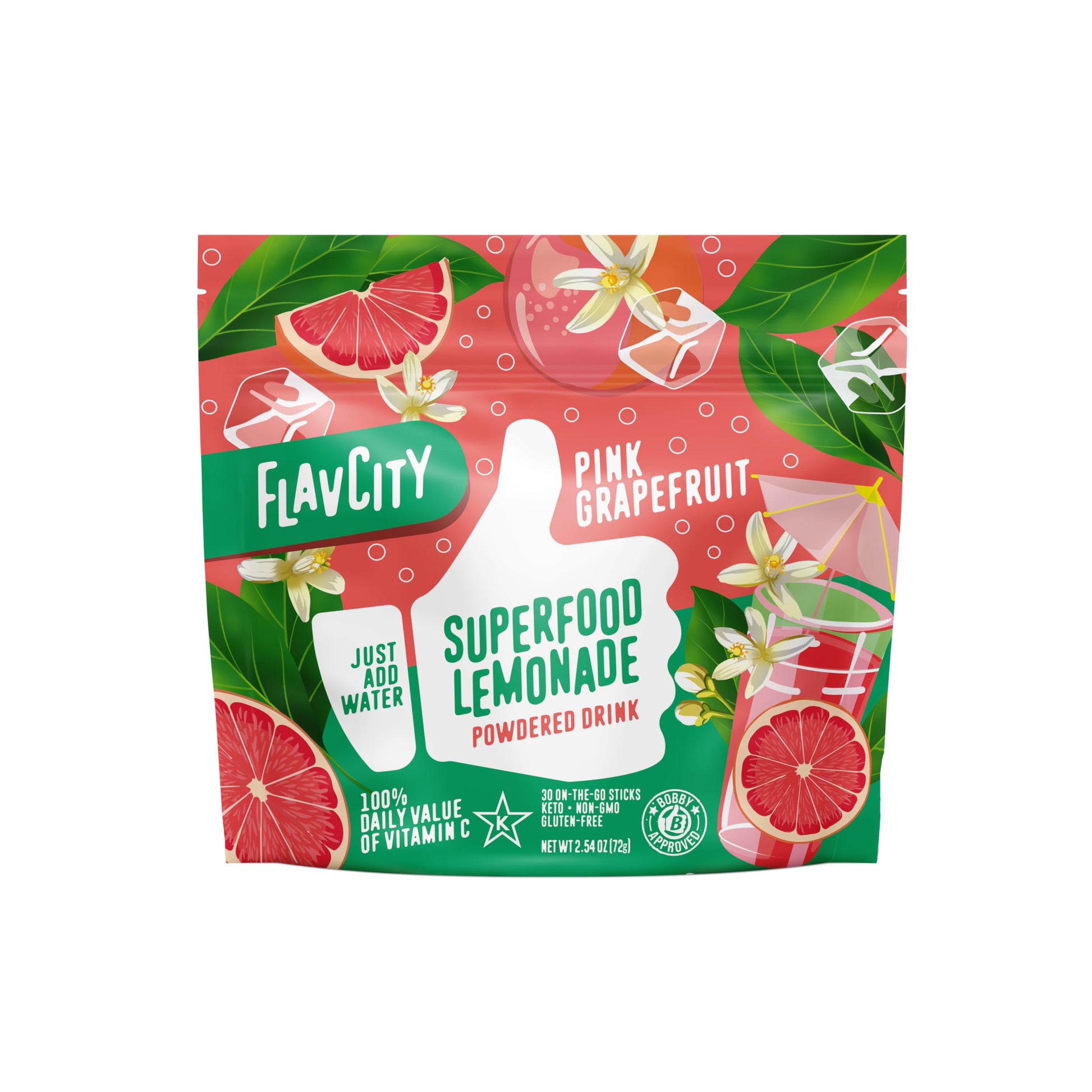 Flavcity Pink Grapefruit Superfood Lemonade Drink Mix - Sugar-Free Lemonade Powder With Real Crystallized Grapefruit & Organic Acerola - 100% Dv Vitamin C - Keto  Gluten-Free  Non-Gmo (30 Servings)