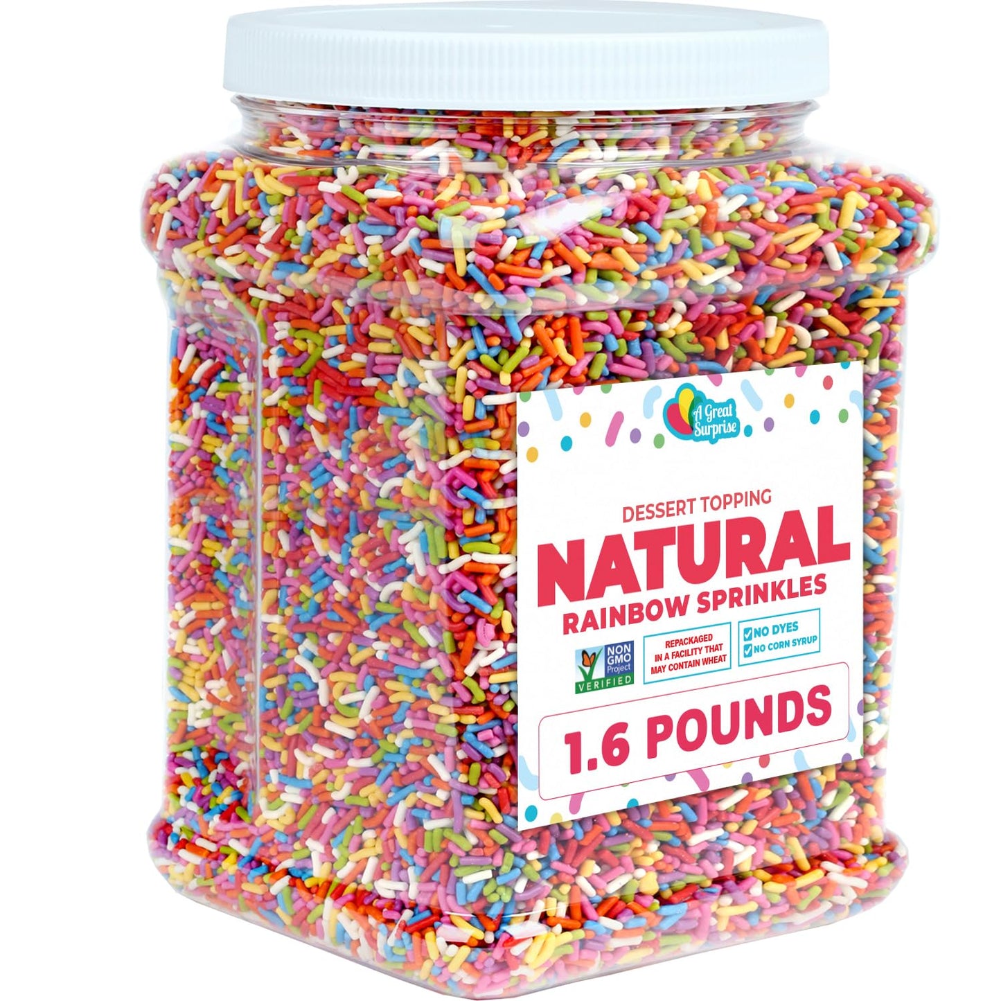 A Great Surprise Dye-Free Rainbow Sprinkles - 1.6 Pounds - Natural Vegan Baking Toppings with No Artificial Dyes or Flavors - No