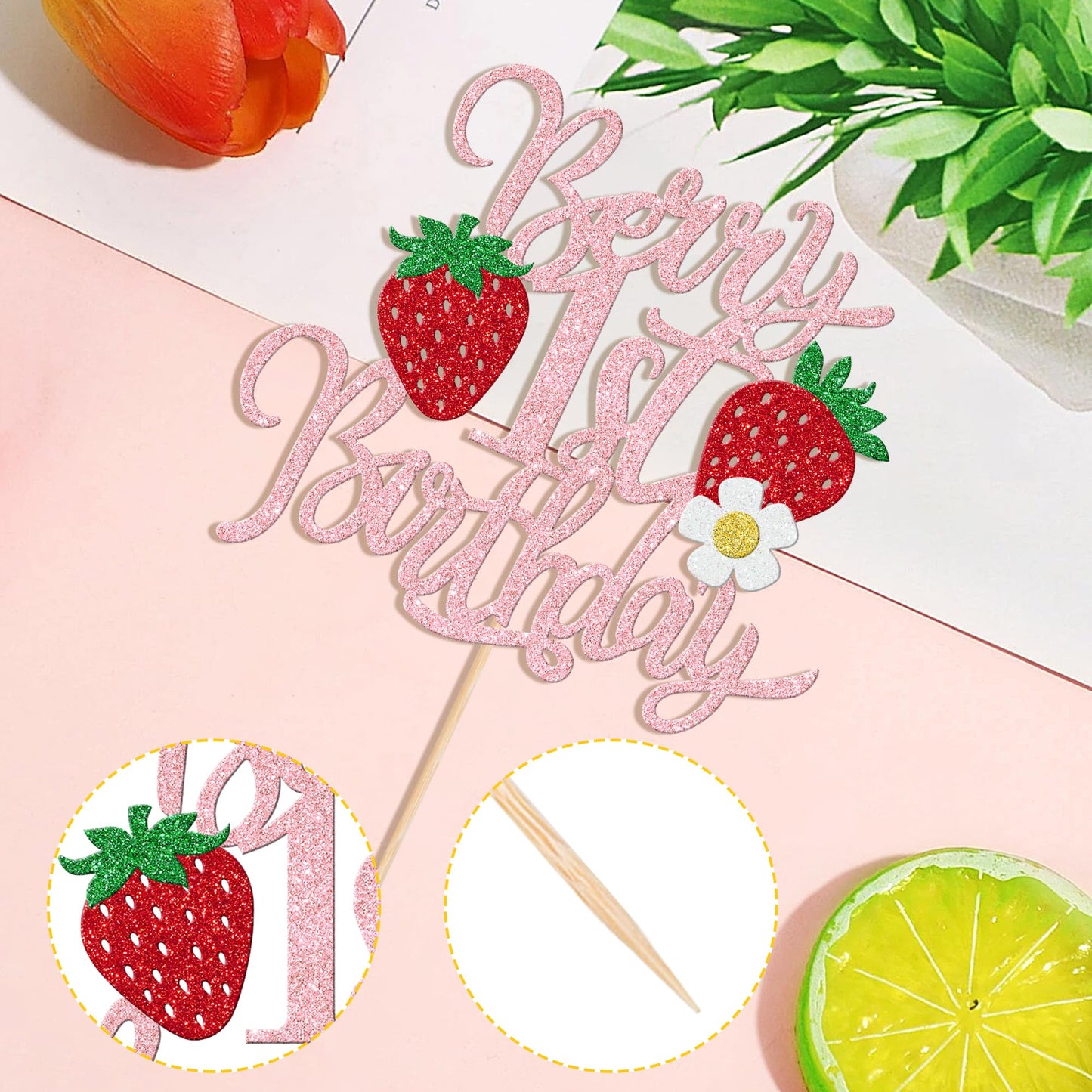 1 Pcs Berry 1St Birthday Cake Topper Glitter Sweet Fruit Theme Flower First Birthday Strawberry One Cake Pick For Strawberry The