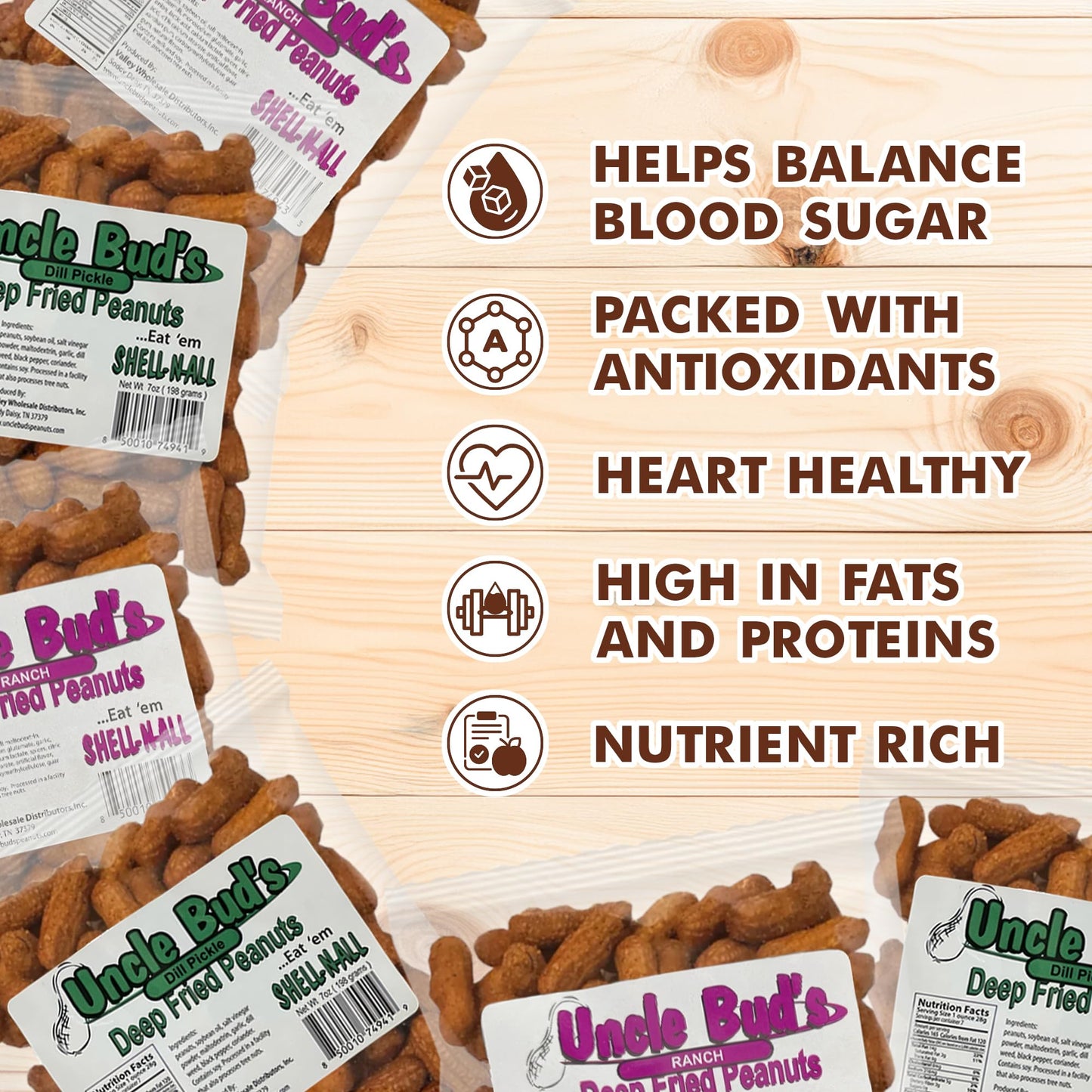 Jerky-n-Spice Uncle Buds Deep Fried Peanuts in Shell - 6 Pack, 3 Dill Pickle & 3 Ranch, Crunchy High-Protein Snacks, 7 inches