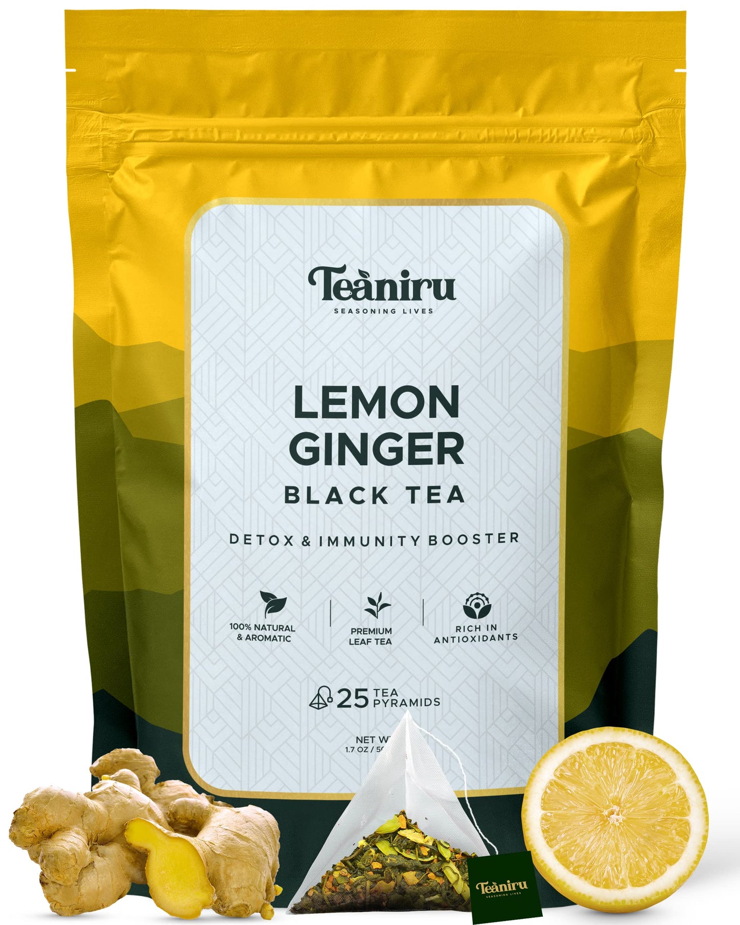 Teaniru Lemon Ginger Black Tea - 25 Pyramid Tea Bags (Serves Up to 50 Cups) - Whole Leaf Teas with Real Ingredients