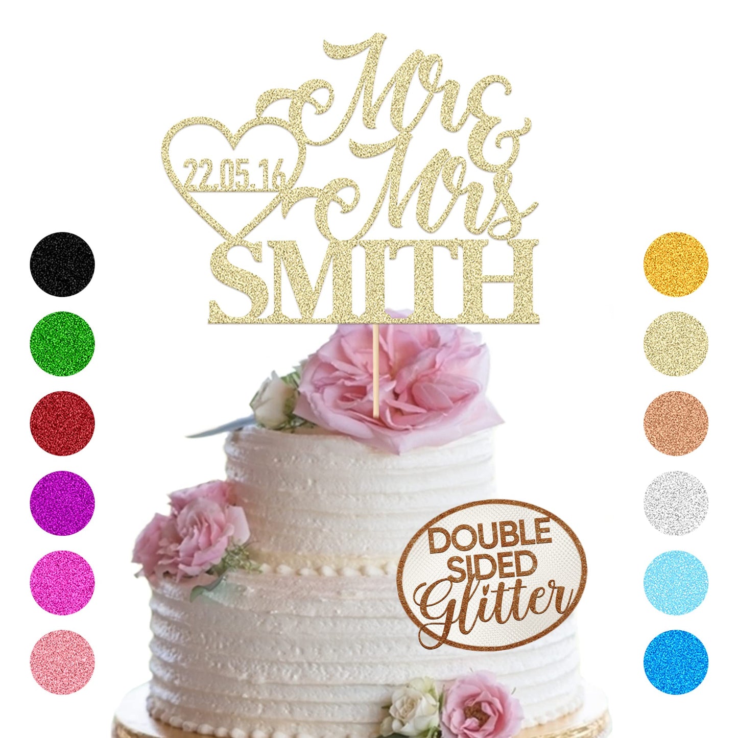 EDSG Personalized Wedding Cake Toppers, Double-Sided Glitter Paper, 7x4.7, Champagne Gold, Custom Name & Date