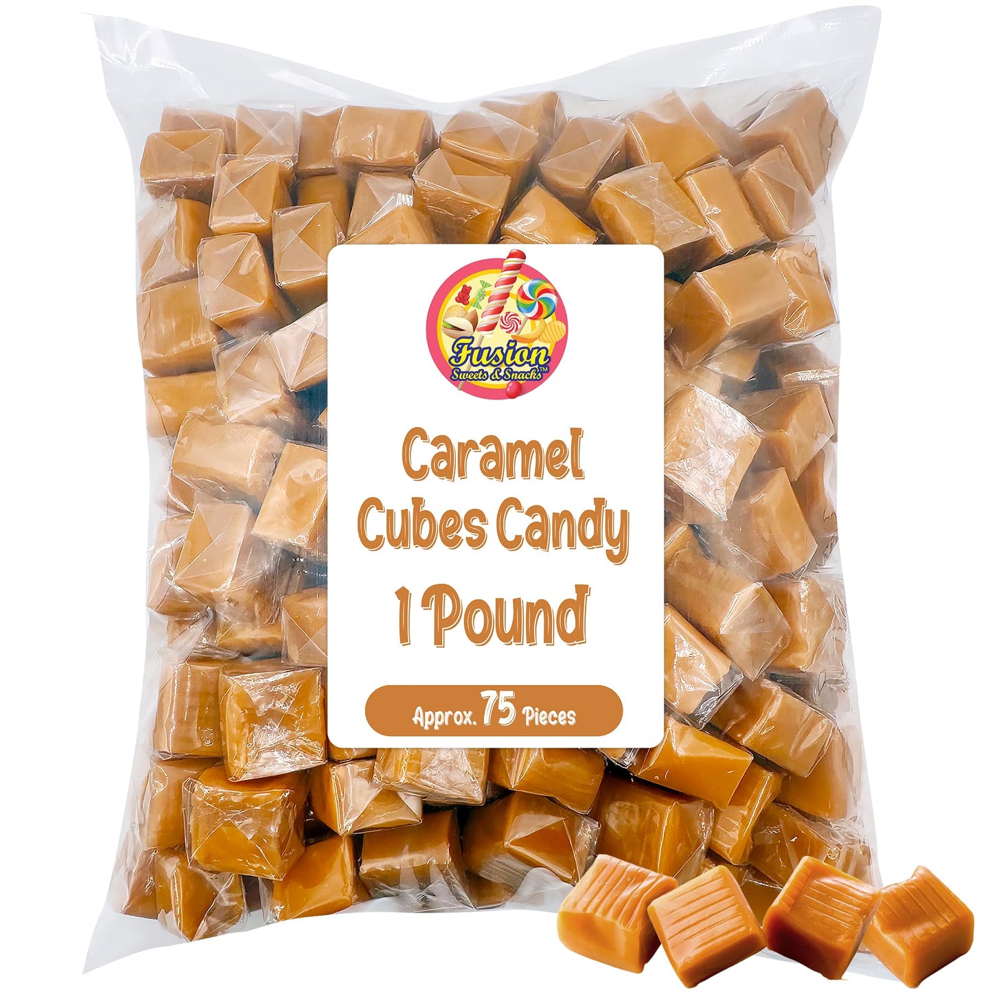 Fusion Sweets Caramel Cubes Candy - Soft Chewy Individually Wrapped - 1 lb Bulk Bag