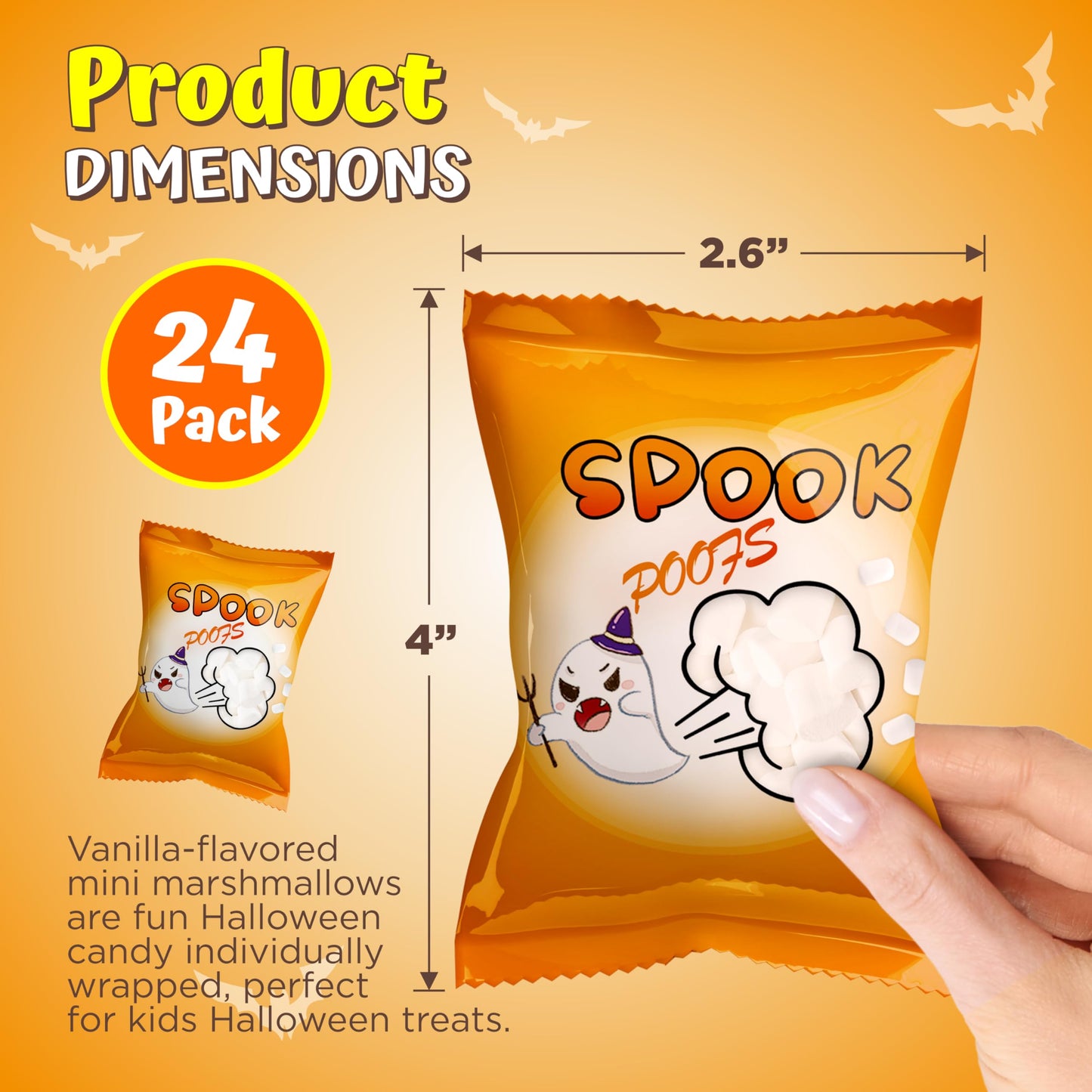 4Es Novelty 24 Pack Halloween Mini Marshmallows - Spook Poof - Indvidually Wrapped Vanilla Flavor - Halloweens Candy for Kids in Bulk  Snacks for Trick or Treat  17 Marshmallows in Each Bag