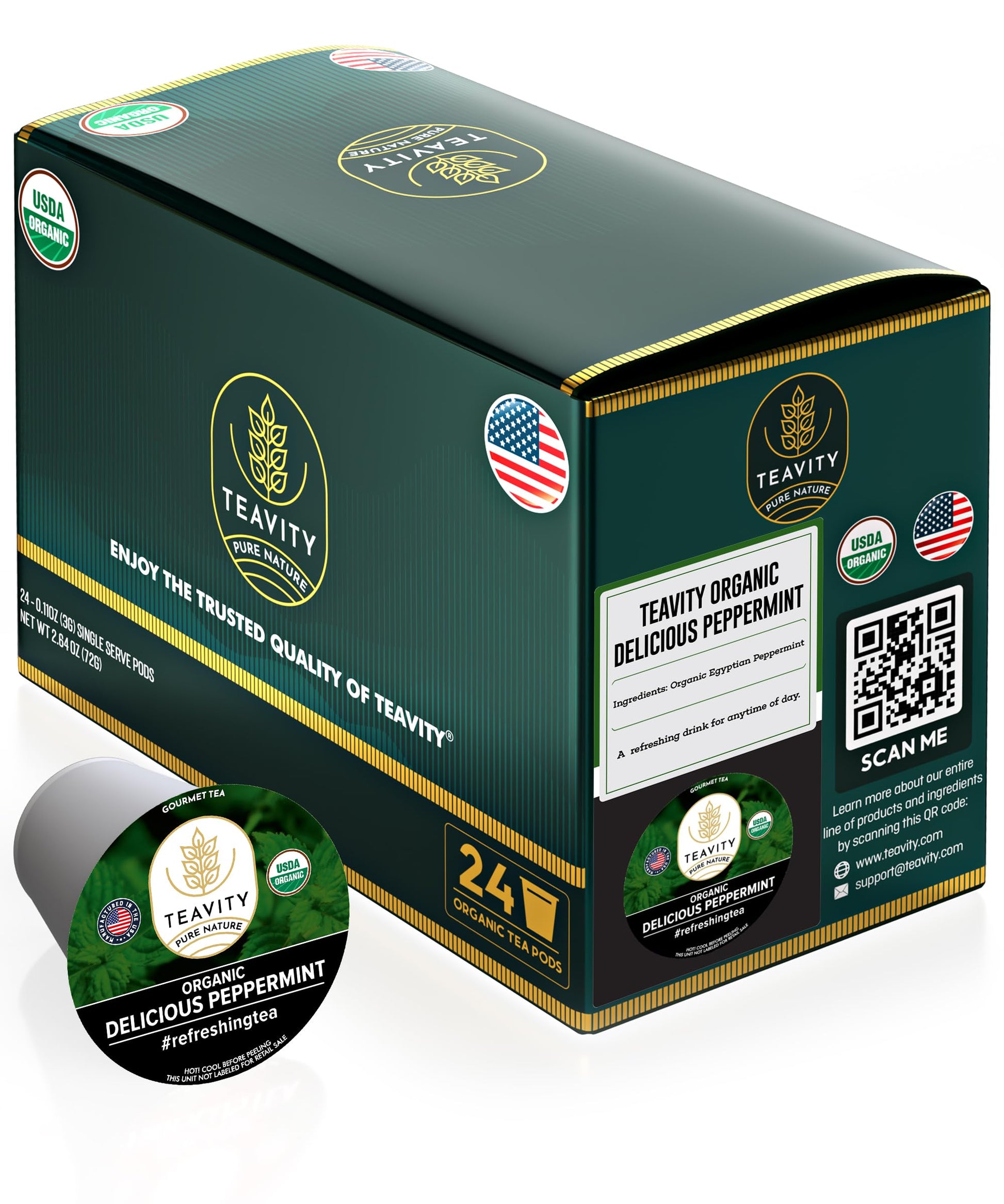 Organic Peppermint Tea Pods for Keurig - Decaf Tea - by Teavity (24 Tea Pods)