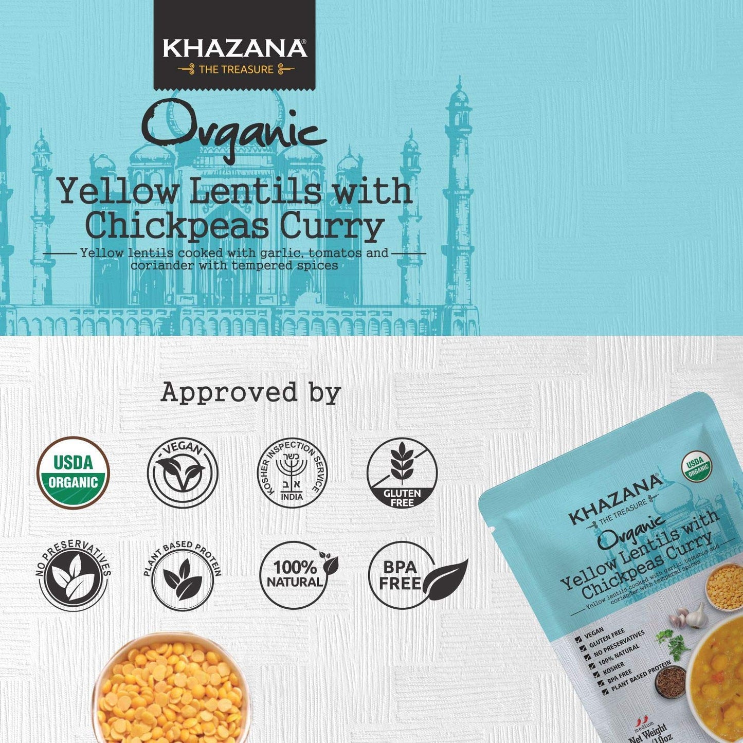 Khazana ORGANIC Yellow Lentils with Chickpeas Curry - Ready to Eat Indian Meals (Pack of 1, 10oz Pouches) | Non-GMO, Vegan, Glut