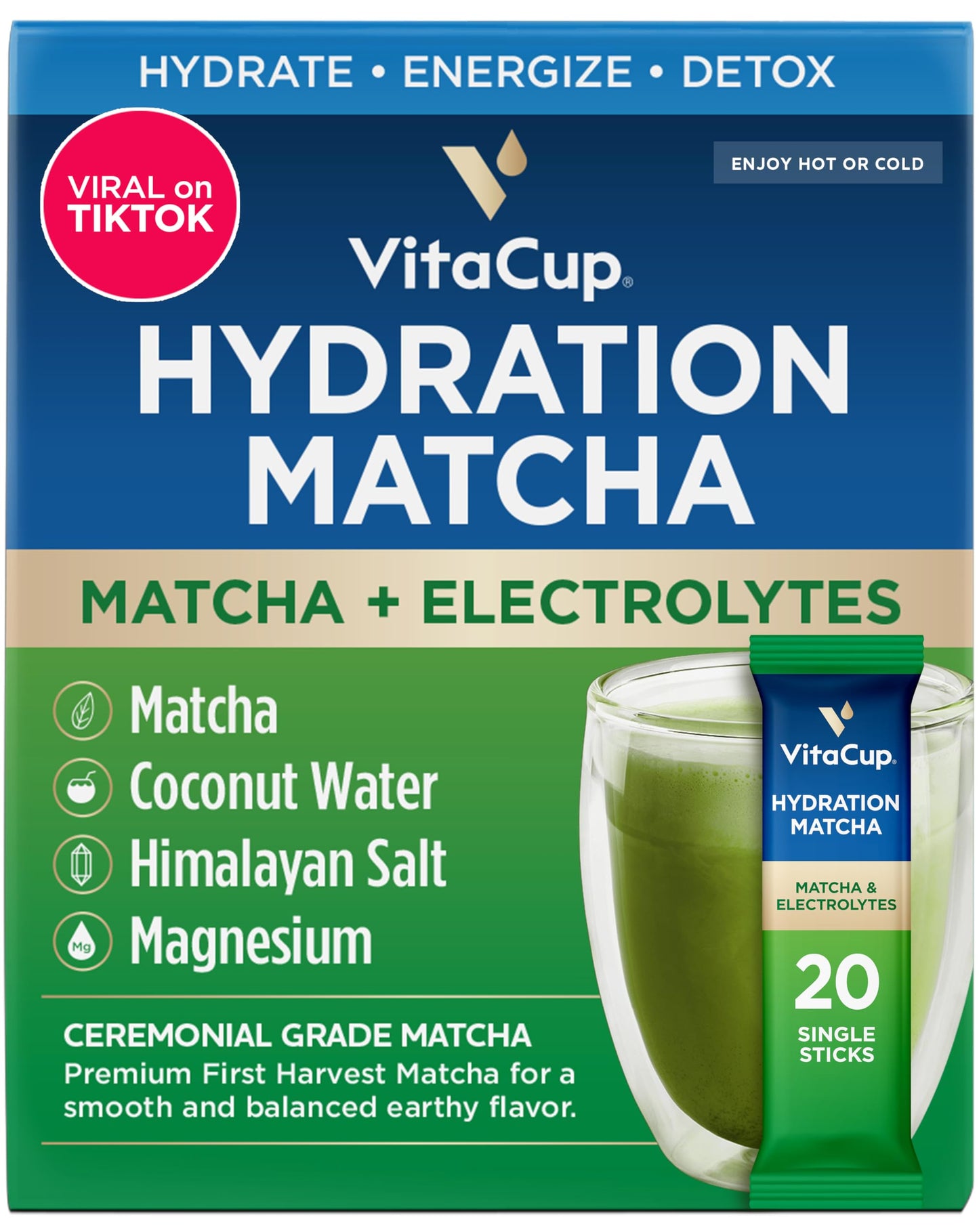 VitaCup Hydration Matcha Instant Packets, Electrolytes, 20 Count, Single Serve Sticks