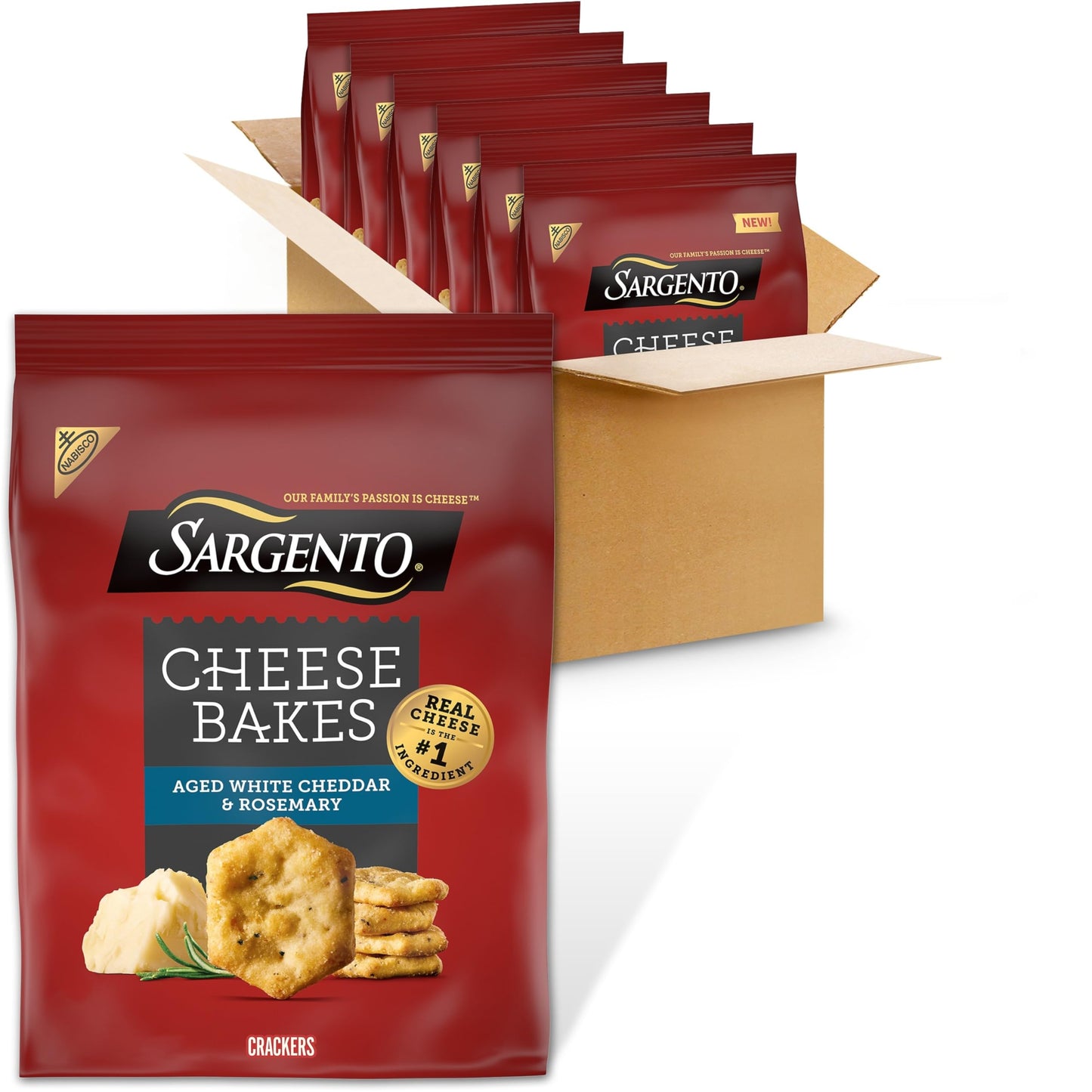 NABISCO Sargento® Cheese Bakes Aged White Cheddar Crackers, 27 oz, Bulk Snacks, Lunch Snacks, 6-4.5 oz Bags