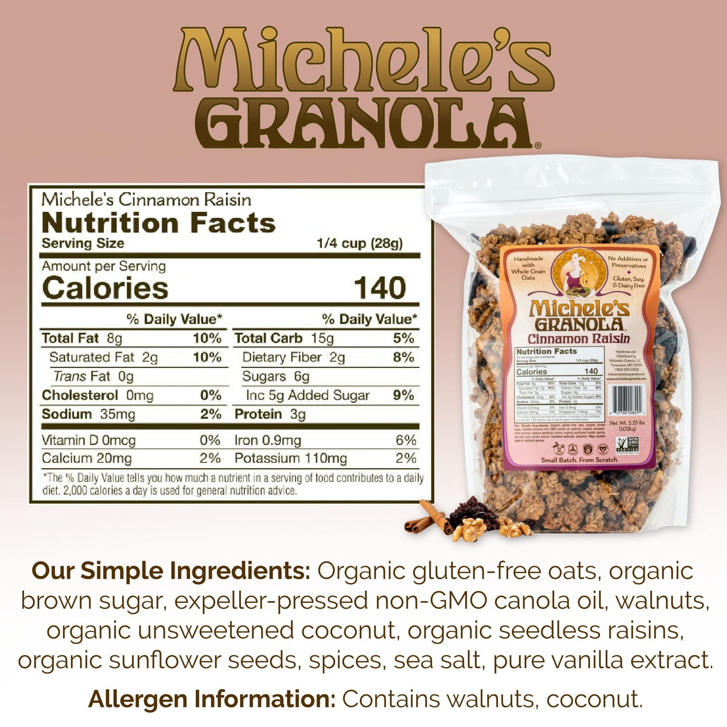 Michele'S Granola Cinnamon Raisin, Gluten-Free & Non-Gmo, 2.25 Pound Bulk Bag