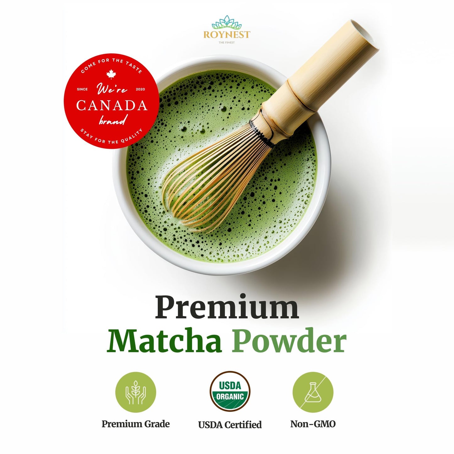 Roynest Japanese Matcha Powder - Non-GMO, Vegan, USDA Certified - 50g (1.76oz) - Green - 30 to 45 servings