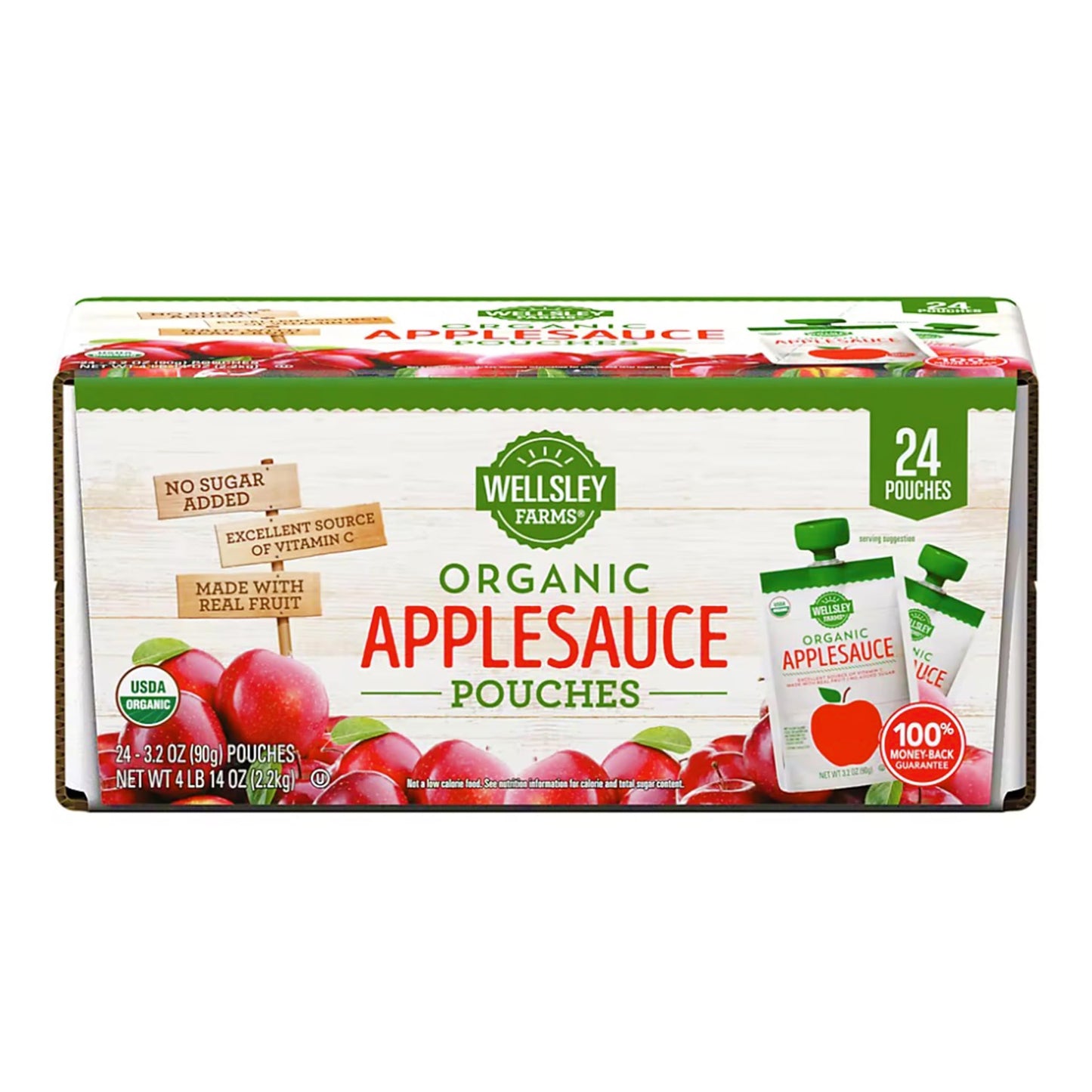 Wellsley Farms Organic Applesauce Pouches, 24-Pack, 3.2 oz Each, Gluten-Free, No Sugar Added, Kosher, Healthy Snack