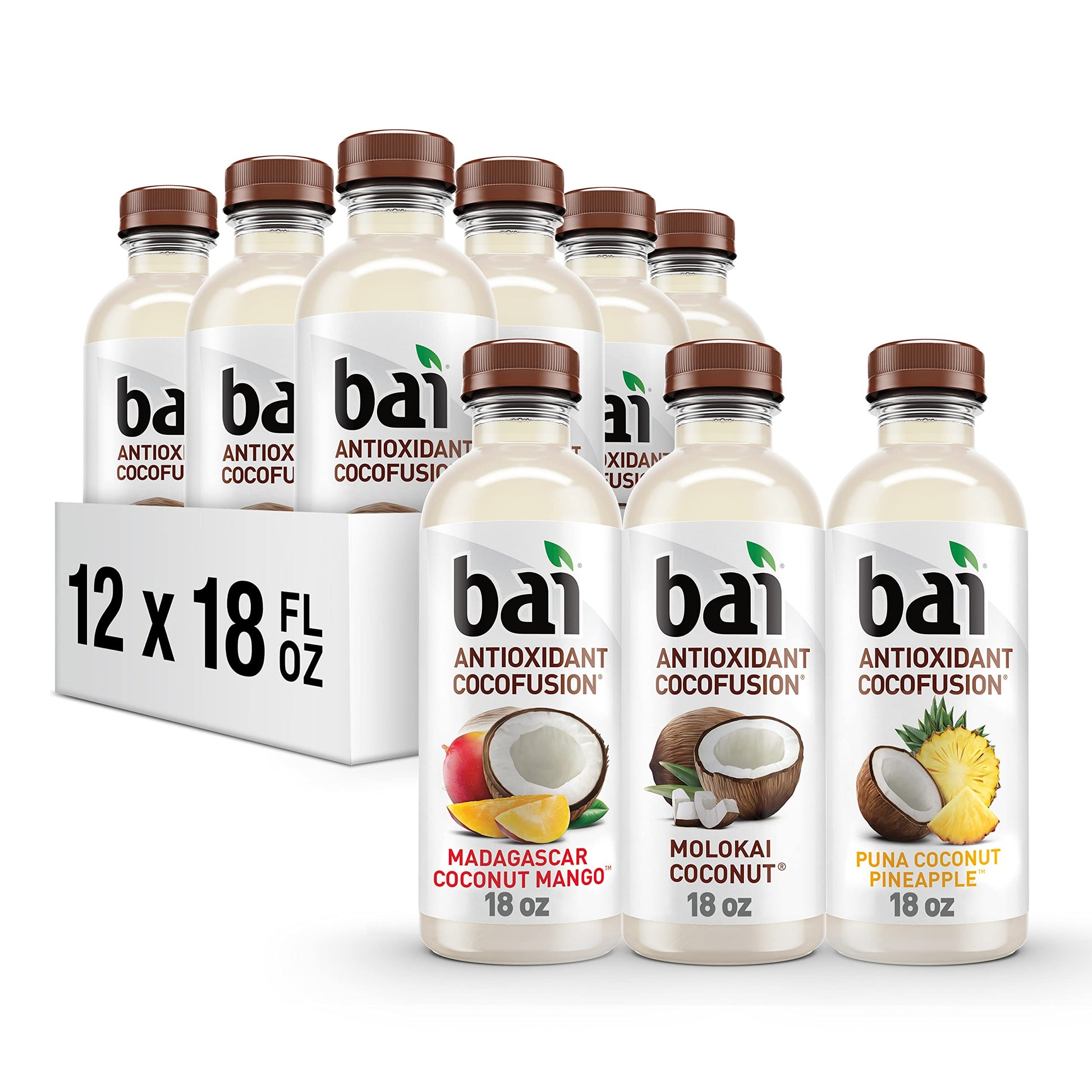 Bai Coconut Flavored Water Variety Pack III - 12 Pack, 18 Fl Oz, Assorted Flavors: Molokai Coconut, Madagascar Coconut Mango, Puna Coconut Pineapple