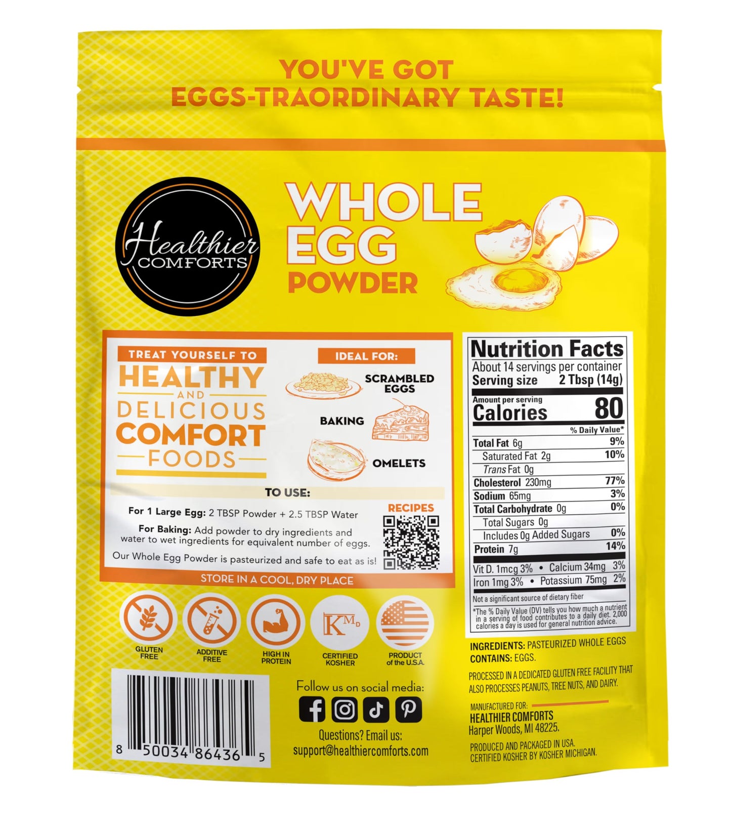 Healthier Comforts Whole Egg Powder - Pasteurized, Gluten Free, 7oz