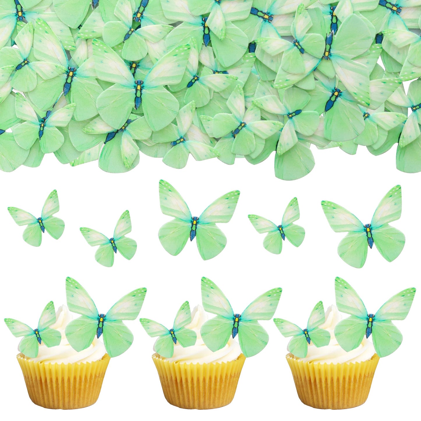 Gyufise 72Pcs Edible Butterfly Cupcake Toppers & Decorations For Butterfly Theme Baby Shower & Kids Birthday Party Cake Supplies - Green