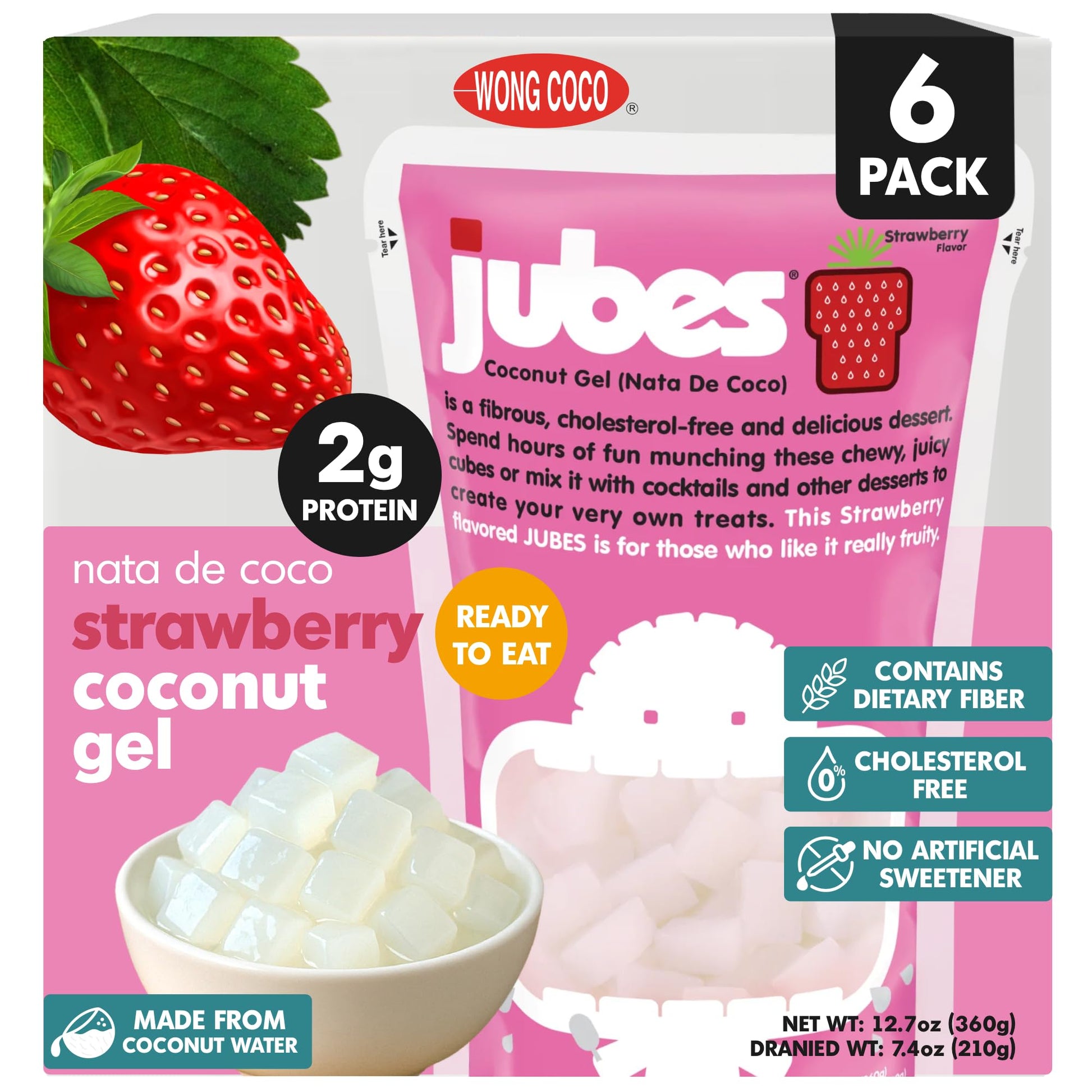 Jubes Strawberry Nata De Coco Jelly Cubes (12.7 oz, Pack of 6) - Strawberry Coconut Jelly Cubes for Sago - Coconut Gel in Syrup 