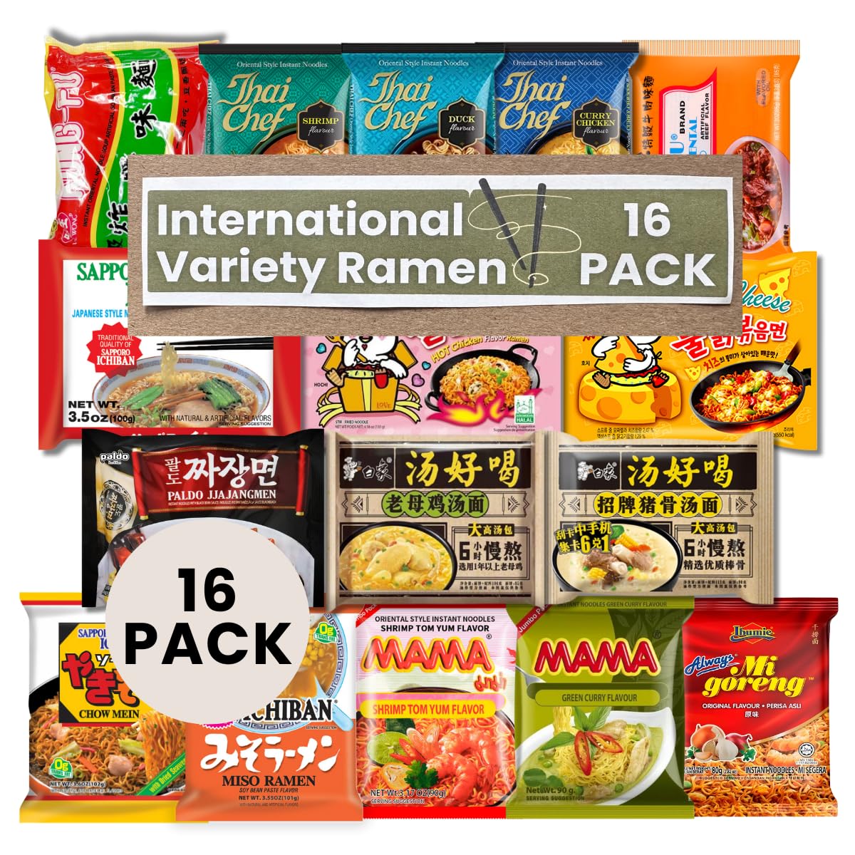 Asian Instant Ramen Variety Pack - 16 Different Flavors Noodle of International, Korean, Japanese, thailand, China, Noodles, Ass