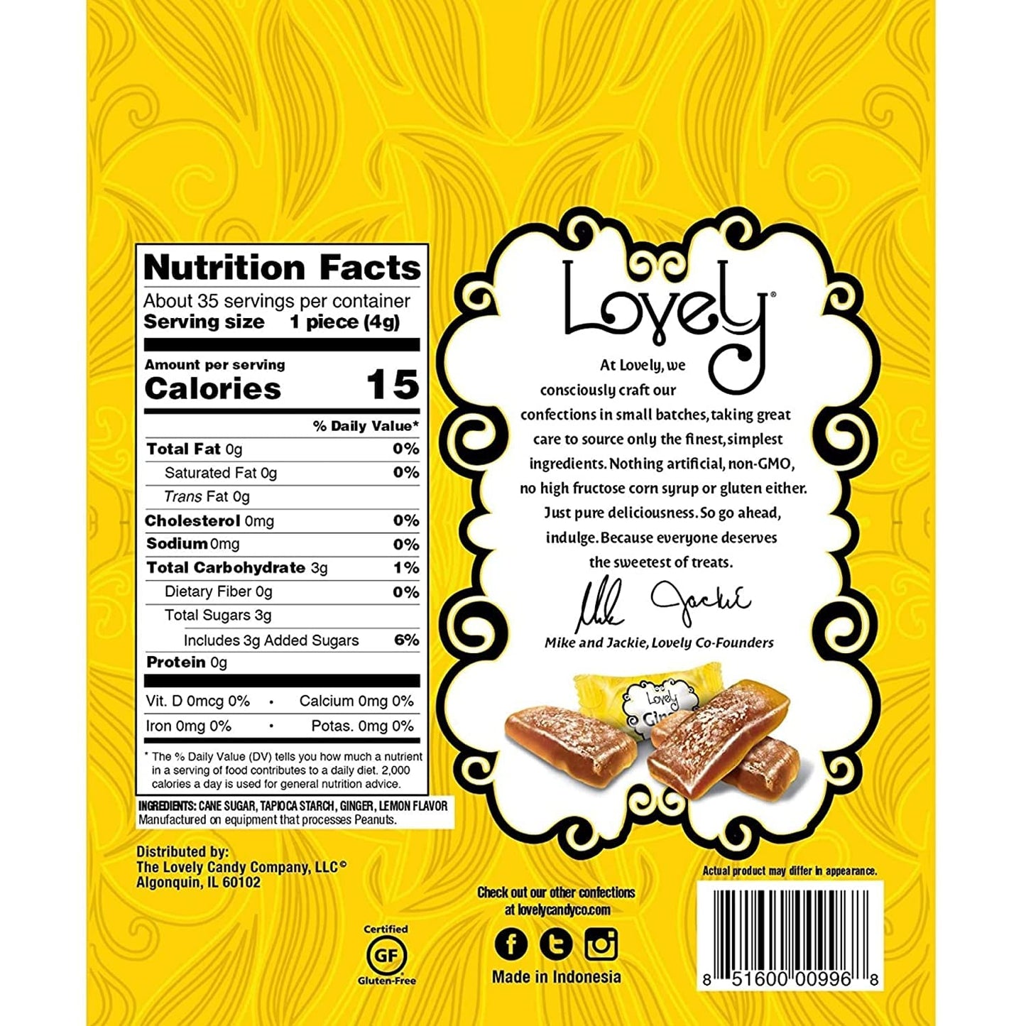 Lovely Candy Co. Lemon Ginger Chews, Made with Real Ginger, Individually Wrapped, 14oz (1-Pack) | Gluten-Free, Non-GMO, NO Artif