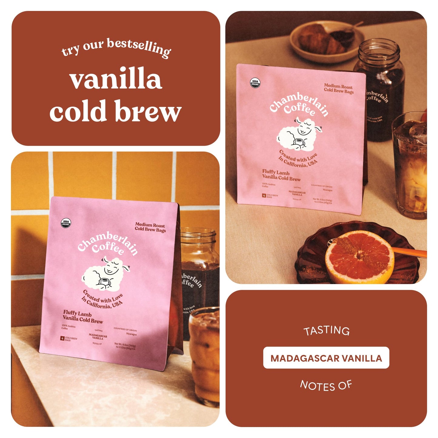 Chamberlain Coffee Fluffy Lamb Vanilla Cold Brew Bags - XL Cold Brew Bags - Premeasured, Ready to Brew, Cold Brew Coffee Packs -