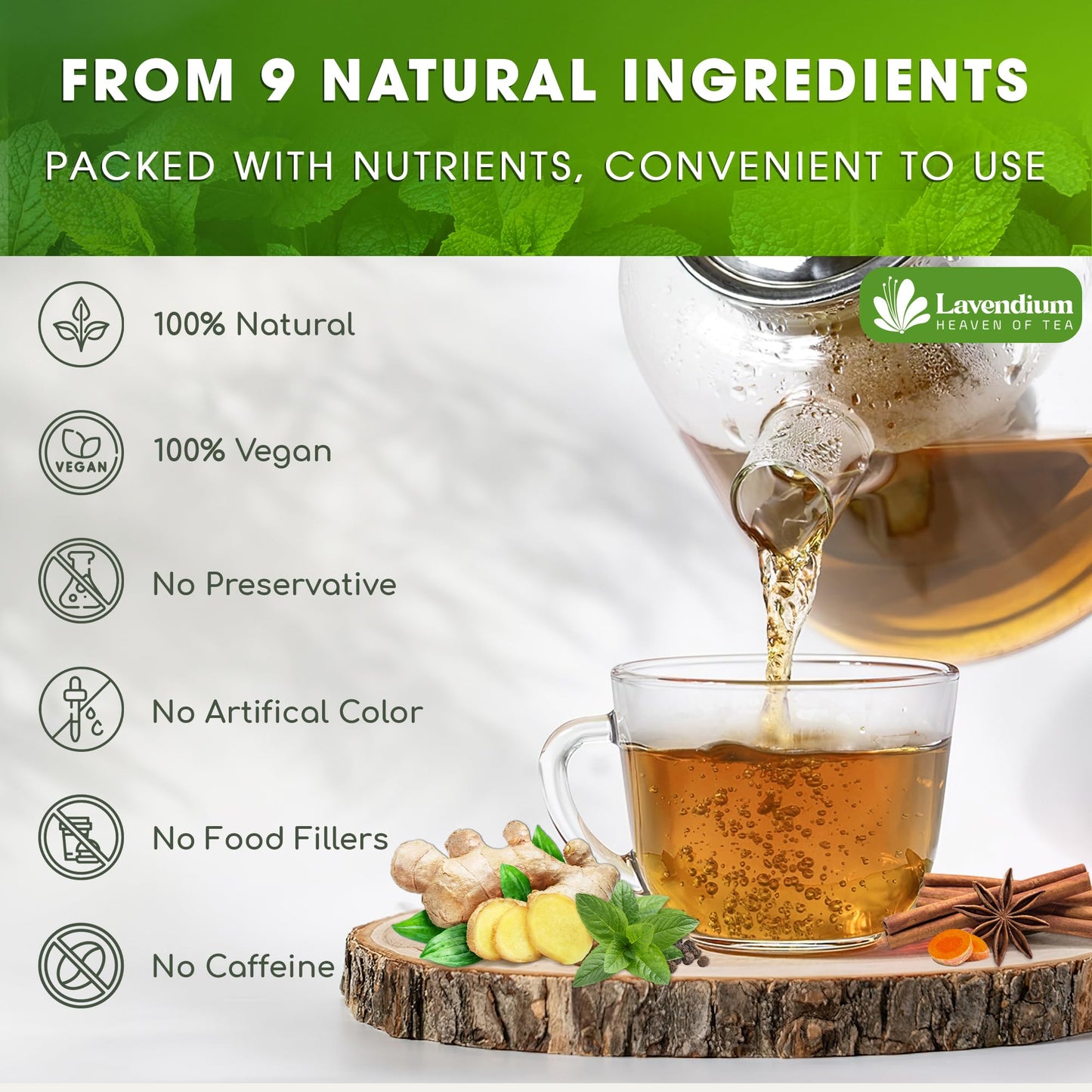 Lavendium Herbal Tea - Caffeine-Free Detox Tea with Chamomile, Hibiscus & Ginger Root - 100 Bags