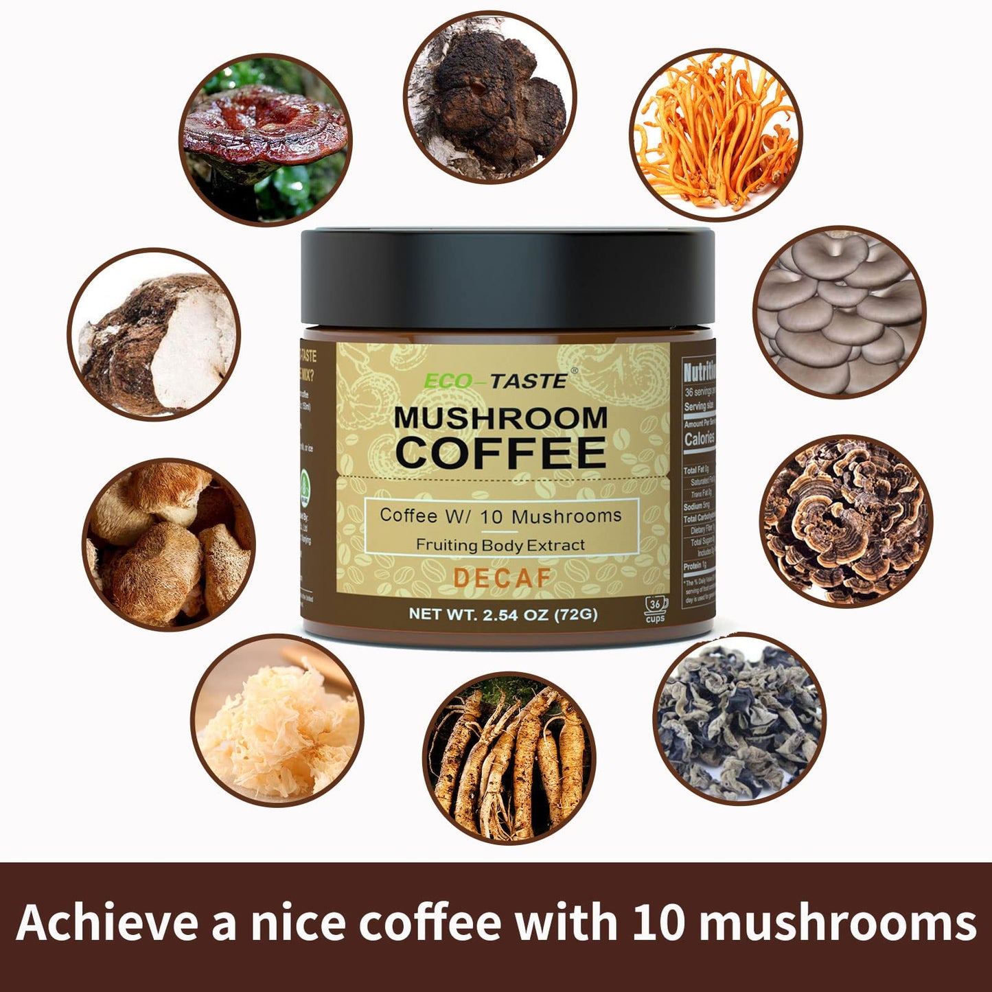 Eco-Taste Decaf Mushroom Coffee - 36 Servings, Instant Coffee Mix Includes 10 Mushrooms Extract Powder, 72 Grams