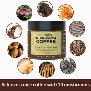 Eco-Taste Decaf Mushroom Coffee - 36 Servings, Instant Coffee Mix Includes 10 Mushrooms Extract Powder, 72 Grams
