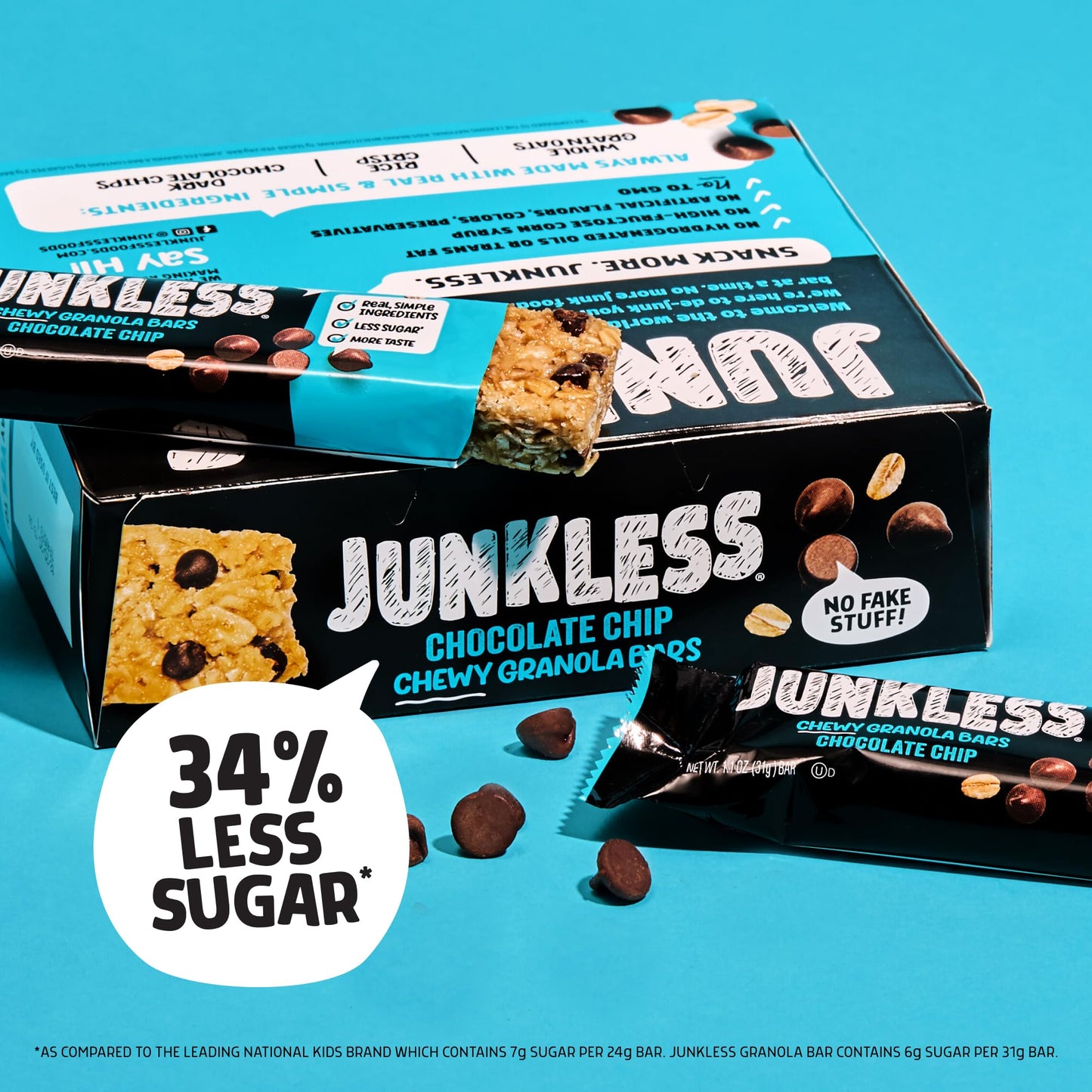 Junkless Chewy Granola Bars, Chocolate Chip, 24 Bars (6 X 1.1 Oz Bars/Box - 4 Boxes), Non-Gmo, Low Sugar, Great Tasting, Made For Kids & Families