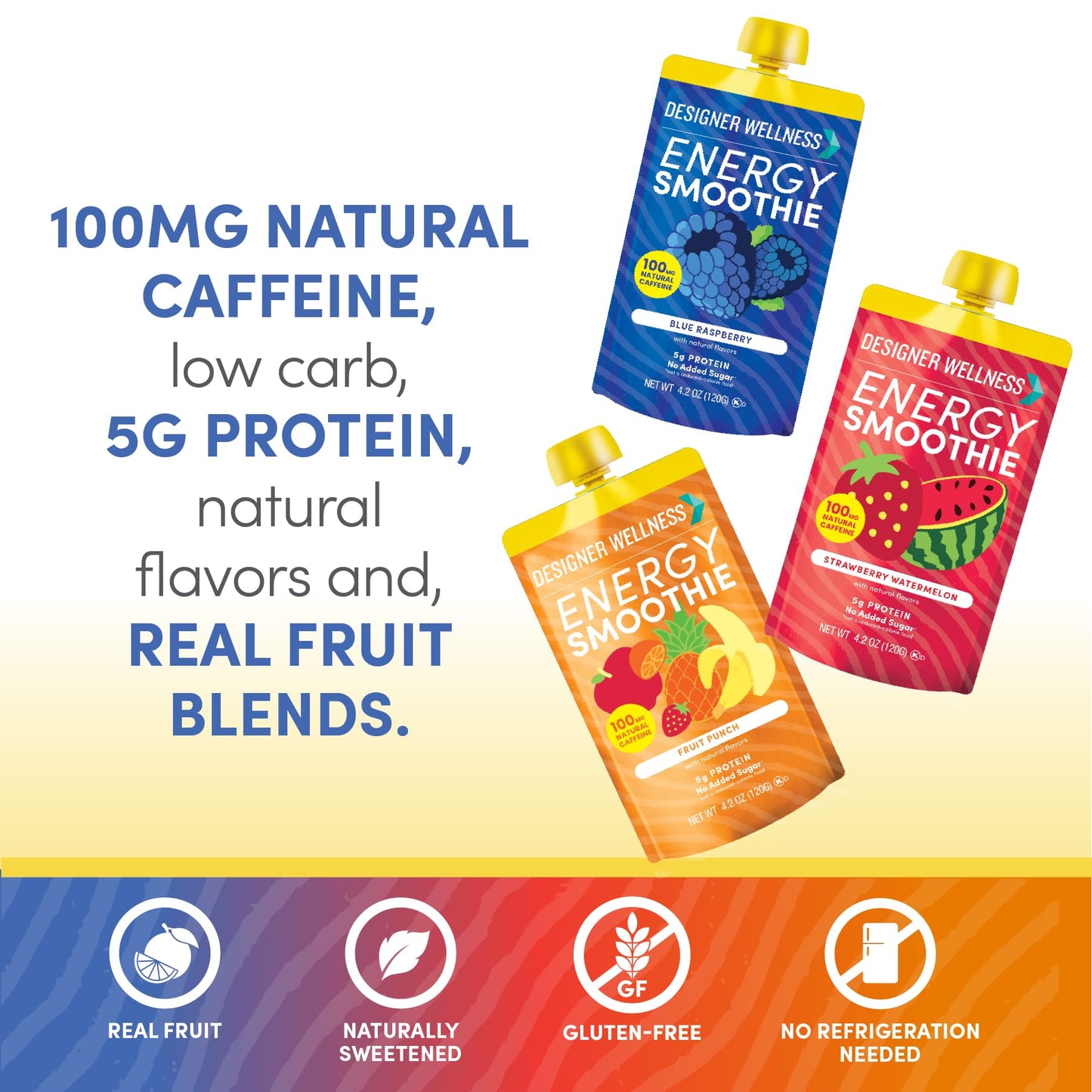 Designer Wellness Energy Smoothie  Real Fruit  100mg Natural Caffeine  5g Protein  Low Carb  Zero Added Sugar  Gluten-Free  Variety Pack  12 Count