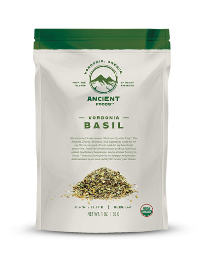 Ancient Foods Organic Basil - Organic Greek Basil from Vordonia, Dried Basil Leaves for Cooking and Seasoning (30g)