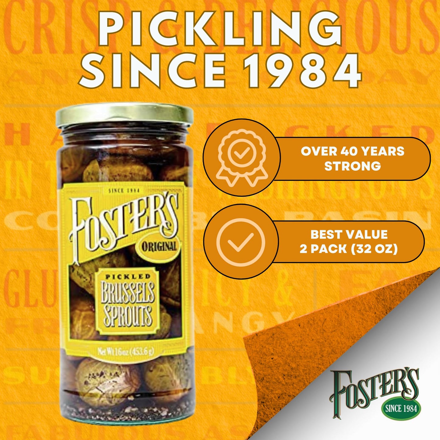 Fosters Pickled Brussel Sprouts in a Jar, Original, 16oz, 2 Pack, Traditional Pickled Vegetables Recipe for over 40 years, Low