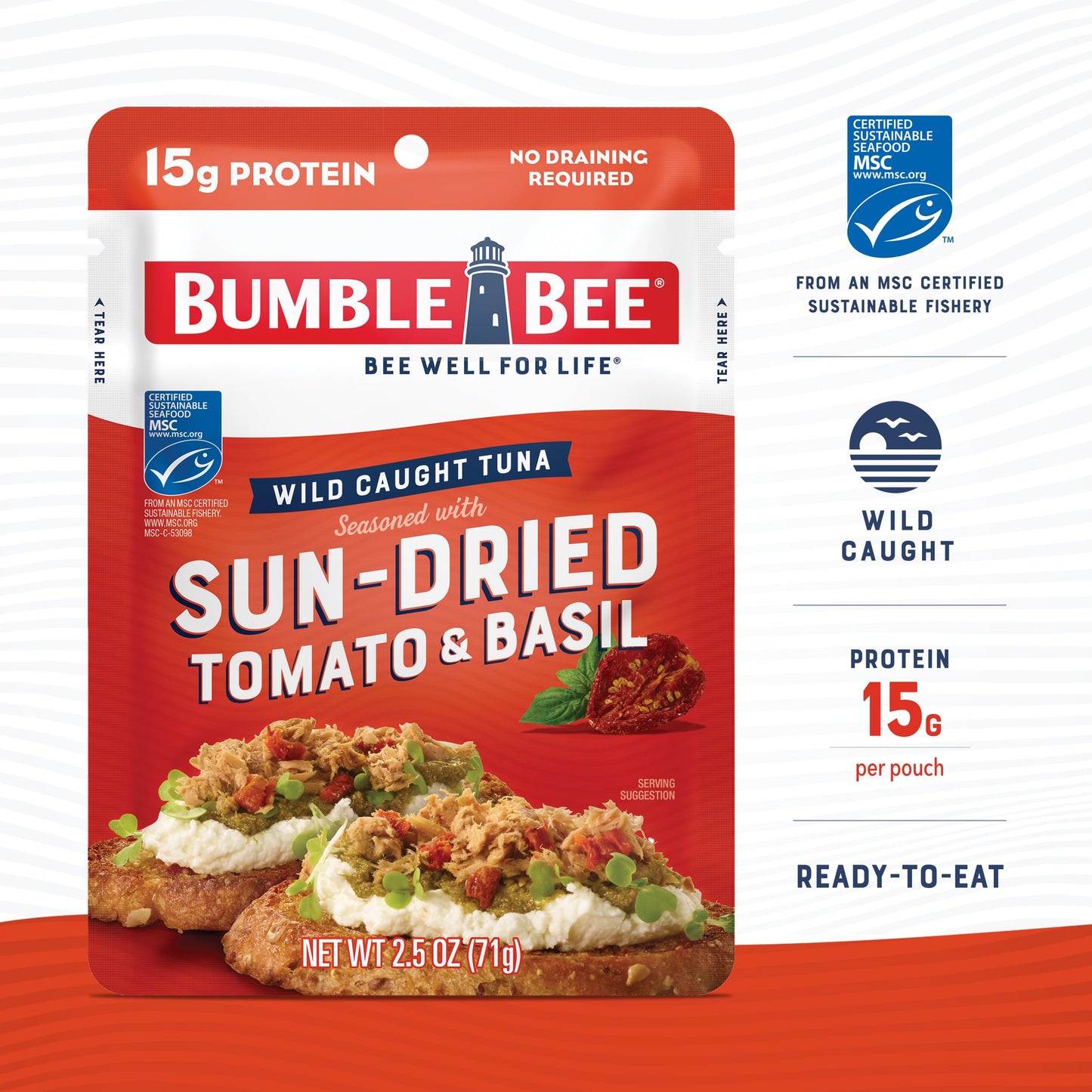 Bumble Bee Sun-Dried Tomato & Basil Seasoned Tuna, 2.5 Oz Pouches (Pack Of 12) - Ready To Eat - Wild Caught Tuna Pouch - 15G Protein Per Serving - Gluten Free