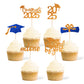36 Pcs Class of 2025 Graduation Cupcake Toppers, Orange & Blue Glitter Double-Sided Grad Cap Cake Picks for Party Supplies, 2025