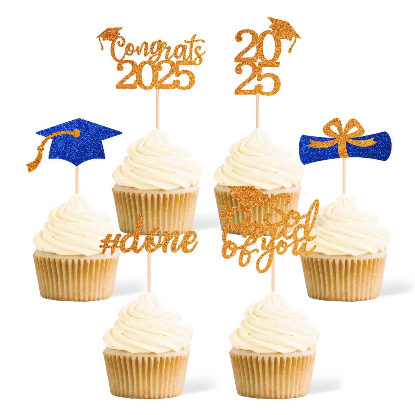 36 Pcs Class of 2025 Graduation Cupcake Toppers, Orange & Blue Glitter Double-Sided Grad Cap Cake Picks for Party Supplies, 2025