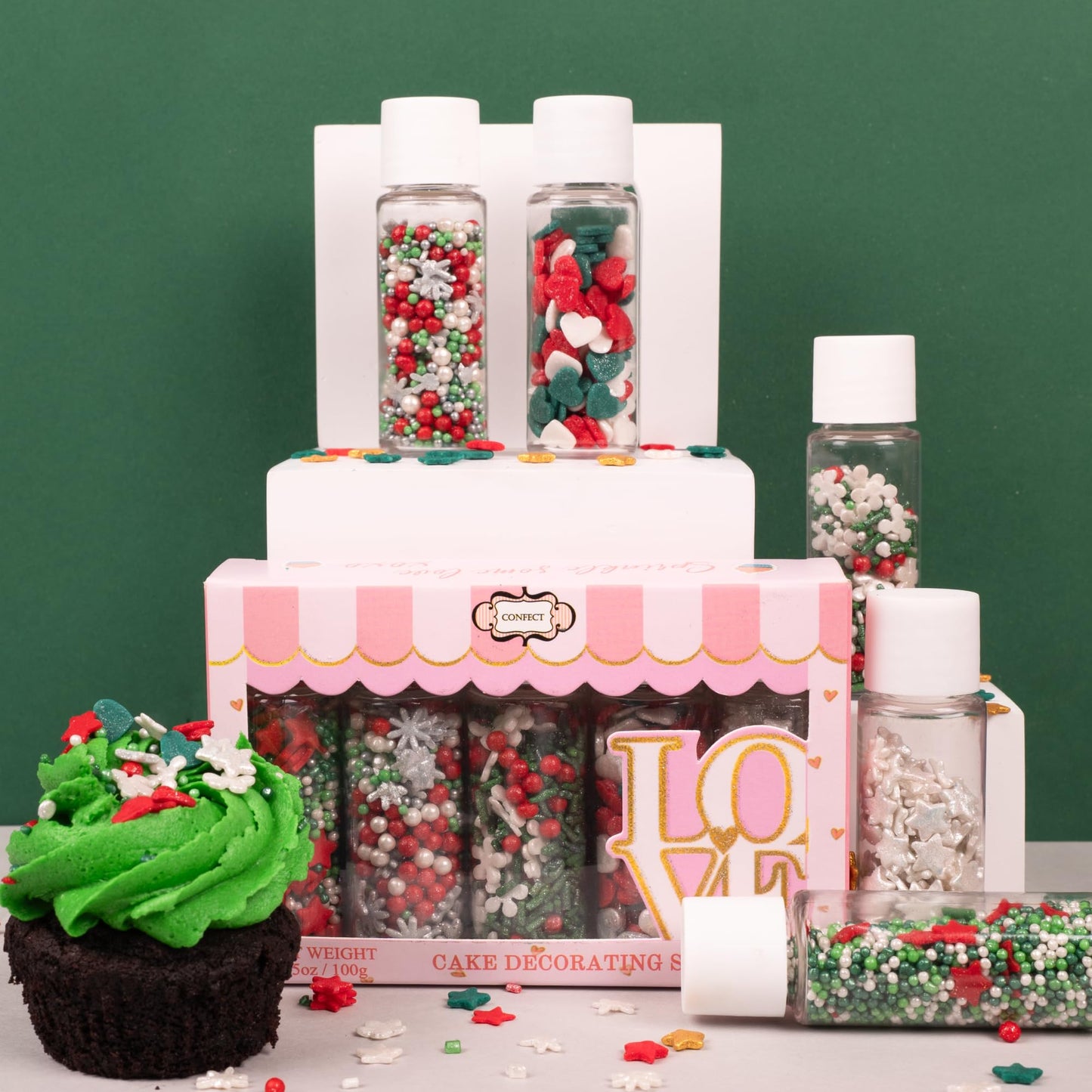 Confect Christmas Sprinkles | Sprinkles for Baking & Cake Decorative | Assorted pack of 5 Silver, Red, Green & White I Heart, st