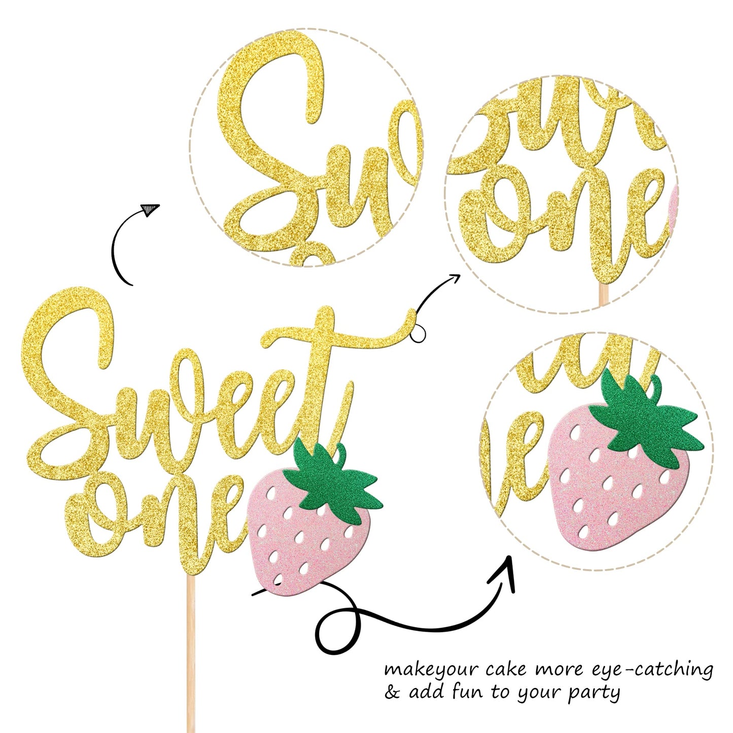 1 Pcs Strawberry Sweet One Cake Topper Glitter First Birthday Strawberry Cake Pick For Sweet Fruit Theme Baby Shower Kids Birthd