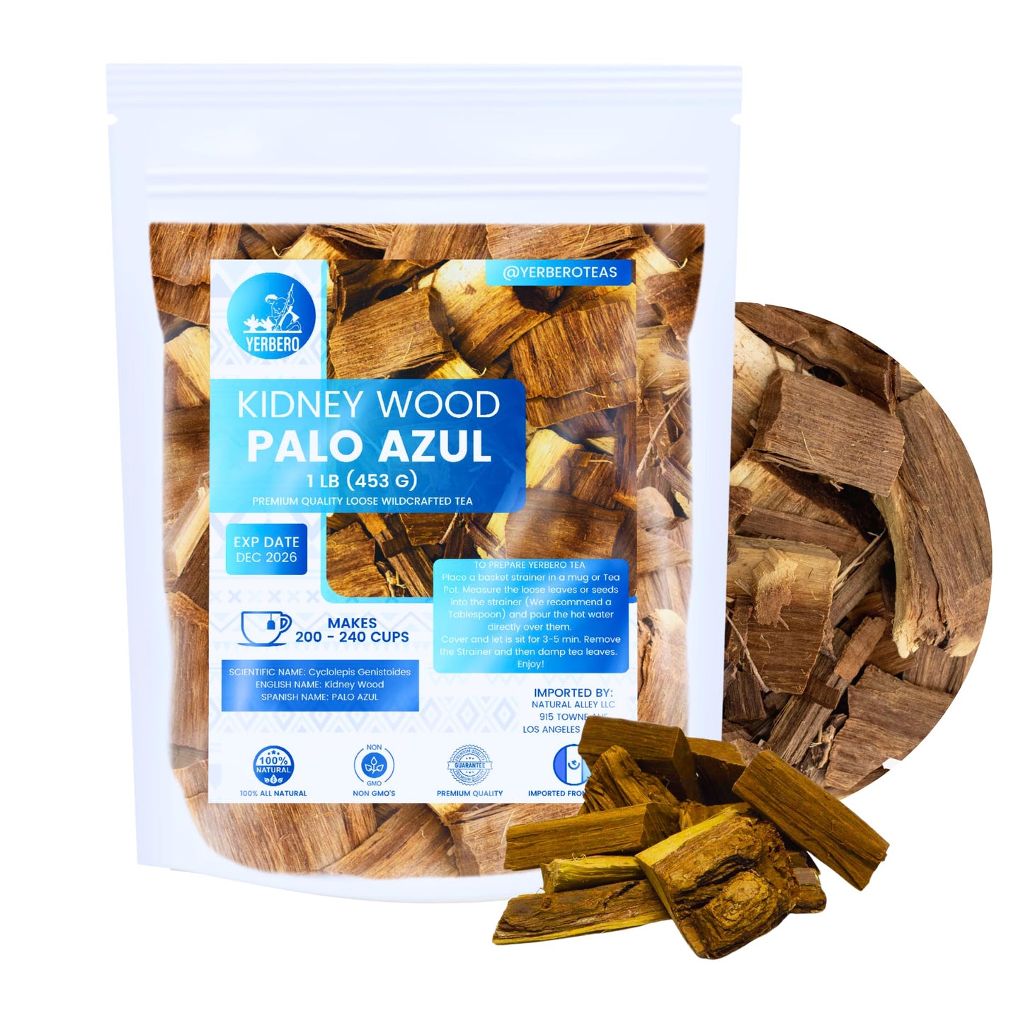 Yerbero - Palo Azul 1 LB (453 g) Herbal Loose Tea | Kidneywood (Blue Stick) Te Herbal | Makes 160+ Cups | Wildcrafted Kidney Woo