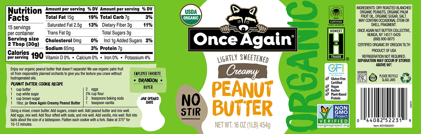 Once Again Organic Creamy Peanut Butter, 16oz - No Stir - Lightly Sweetened & Salted - USDA Organic, Gluten Free Certified, Vega