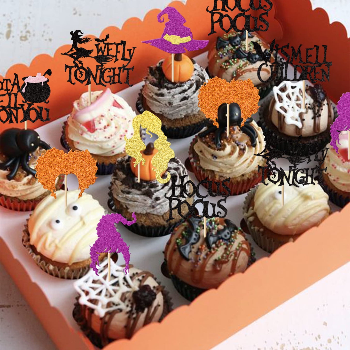 YCTHUNFISH 24 Pack Cupcake Toppers Glitter Witch Hair Halloween Picks, Paper, 2.1x4.2 to 1.7x4.2 inch, Kids