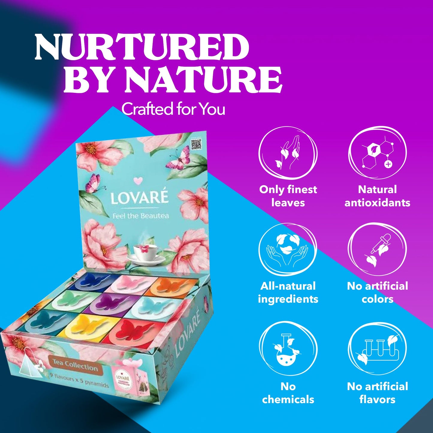 LOVARE Assorted Tea Pyramid Bags - 45 Pack - 9 Flavors - Black & Green Tea Sampler - Gift Box