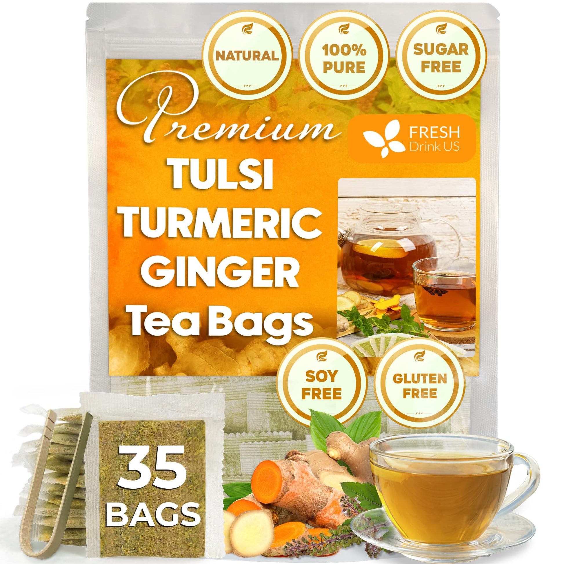FRESHDRINKUS Premium Tulsi Turmeric Ginger Tea Bags, 100% Natural, Vegan, 35 Bags