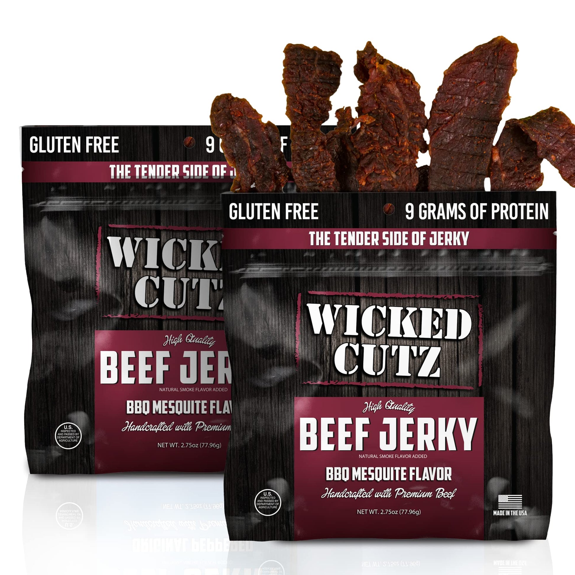 Wicked Cutz BBQ Mesquite Beef Jerky, 21g Protein, Tender & Easy to Chew, 2.75 oz (Pack of 2)