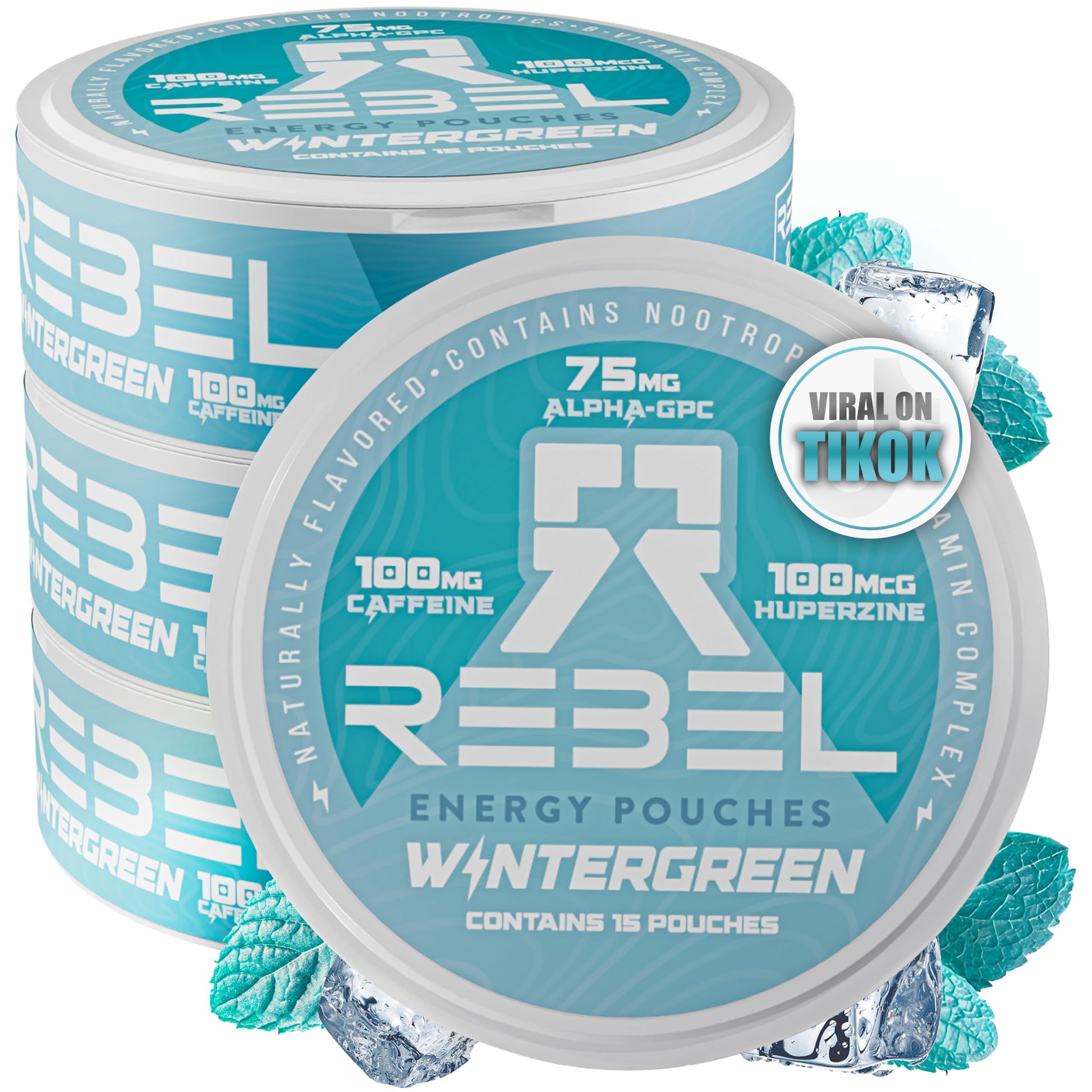 Rebel Supplements Nootropic Energy Caffeine Pouches 100mg Caffeine Sugar-Free Pack of 4 Wintergreen Flavor