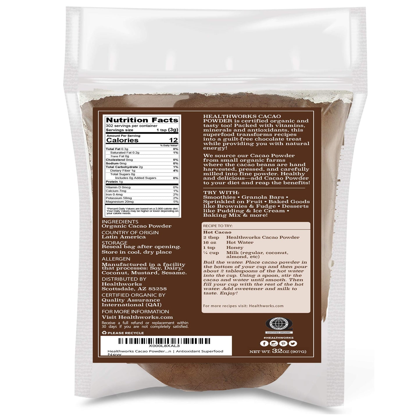 Healthworks Superfoods Organic Cacao Powder - 32 Oz / 2 Lbs - Cocoa Chocolate Substitute - Rich Choclate Flavour - Sugar-Free, K