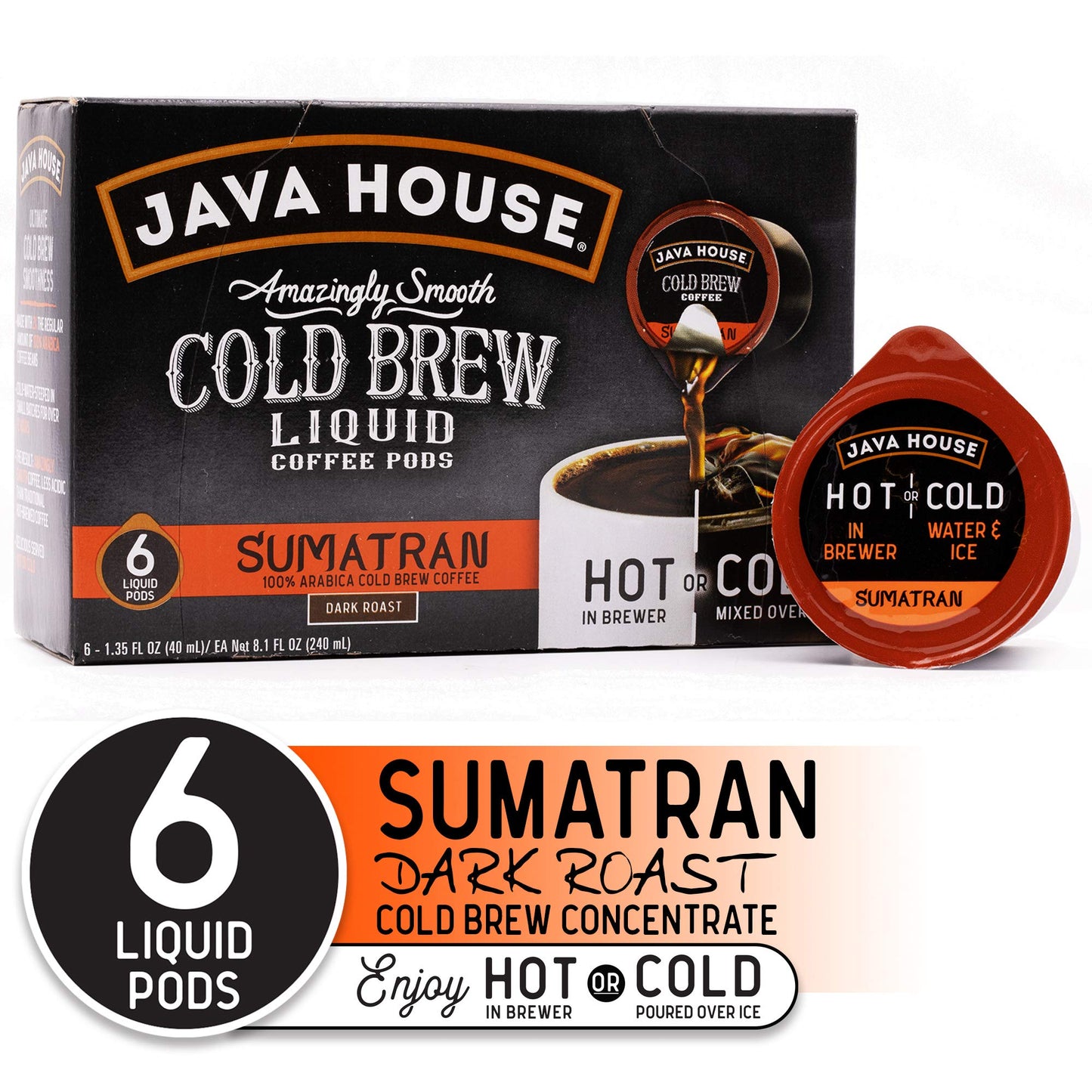 Java House Cold Brew Coffee, Sumatran Dark Roast Coffee Concentrate Liquid Pods, 6 Ct