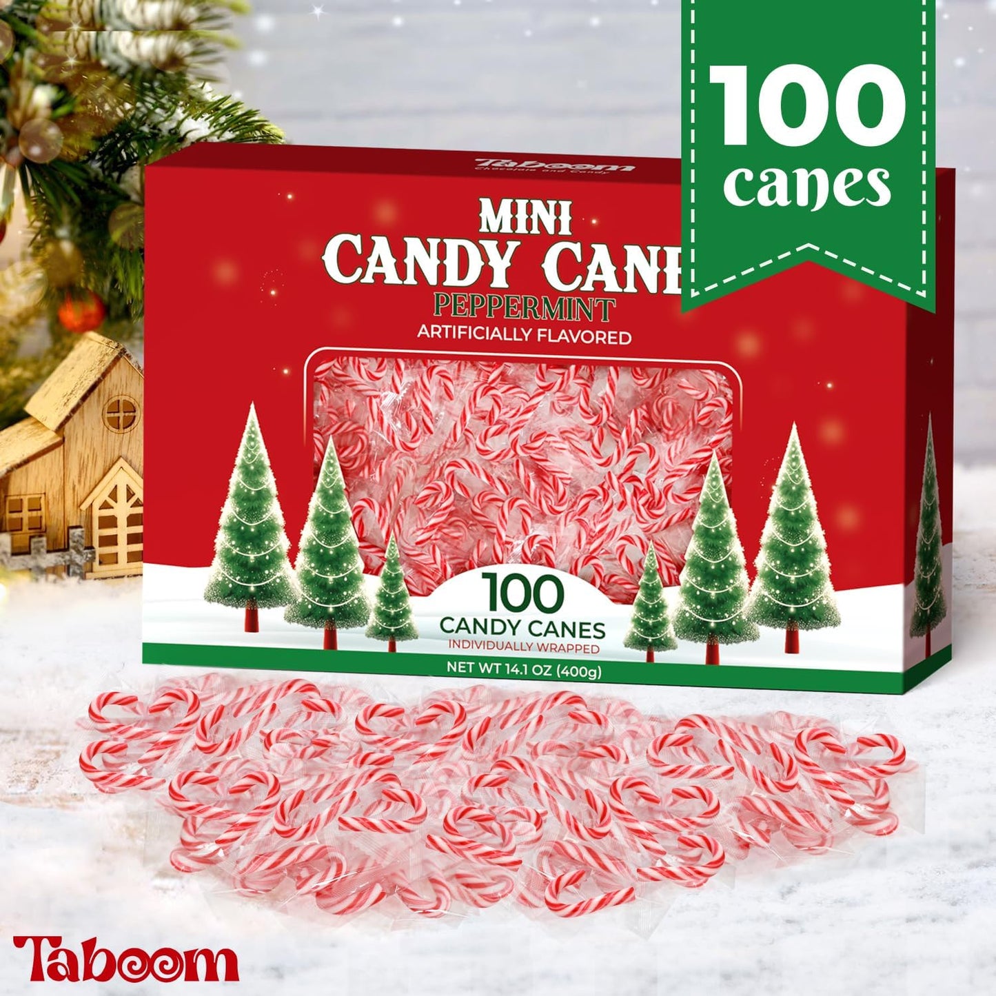 Taboom Mini Candy Canes - 100 Count Red & White Peppermint Candy for Holiday Gifts, Stocking Fillers & Party Favors