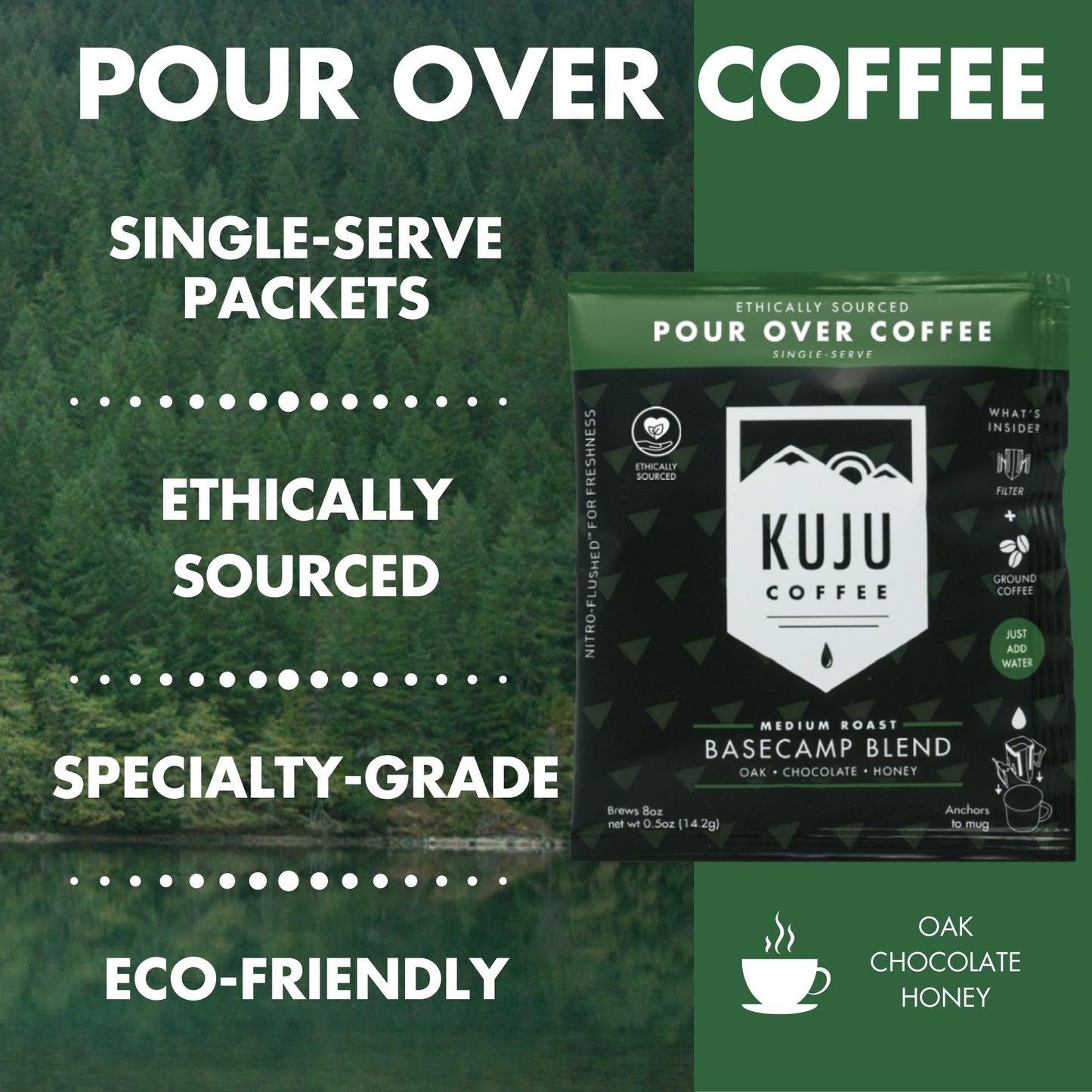 Kuju Coffee Premium Pour Over Coffee Singles - Basecamp Blend, Medium Roast, 0.5 Ounce (Pack of 6)