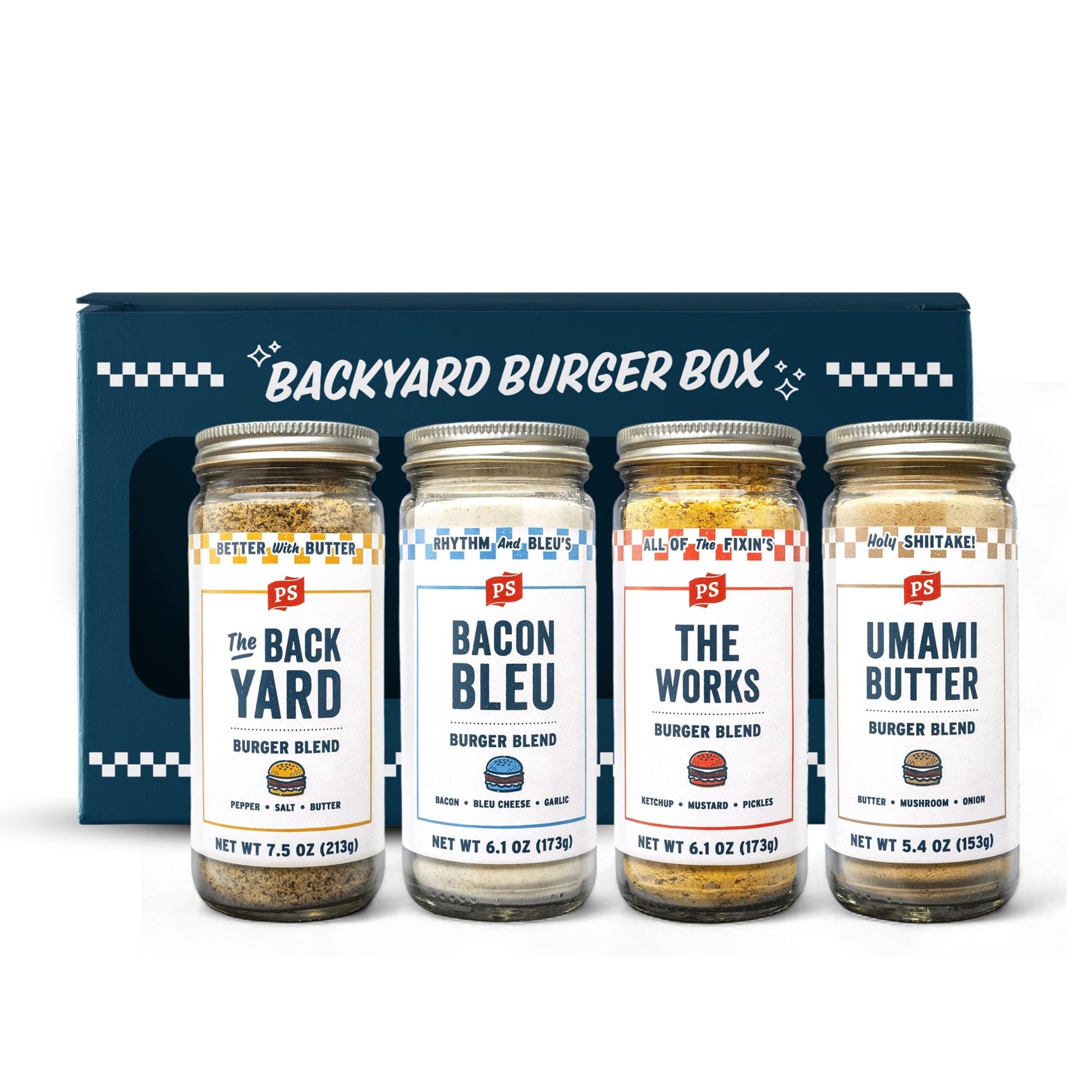 PS Seasoning Burger Box - The Works, Backyard, Umami Butter, Bacon Bleu - Burger Seasoning and BBQ Rub - Smash Burger and Steak 