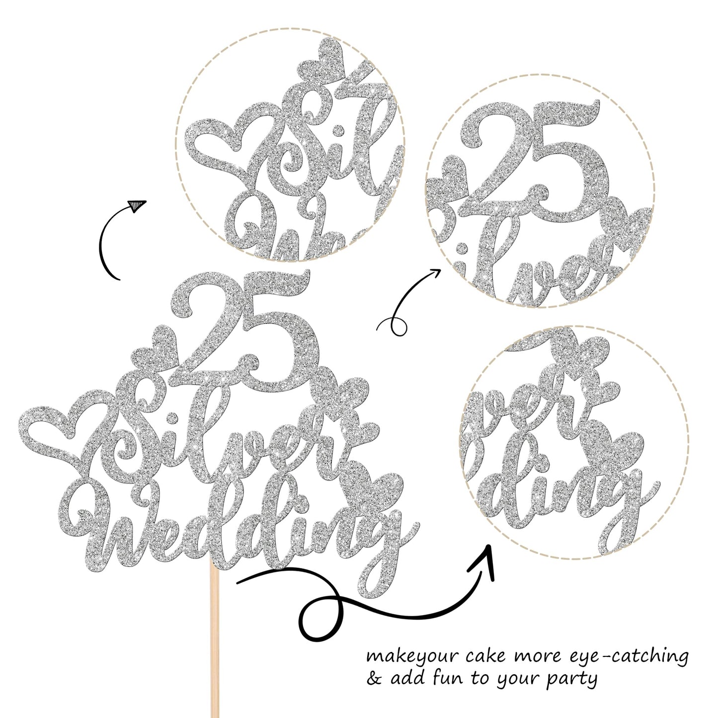 1 Pcs 25Th Wedding Anniversary Cake Topper Glitter Heart 25 Silver Wedding Cake Pick Cheers To 25 Years Cake Decoration For Happ