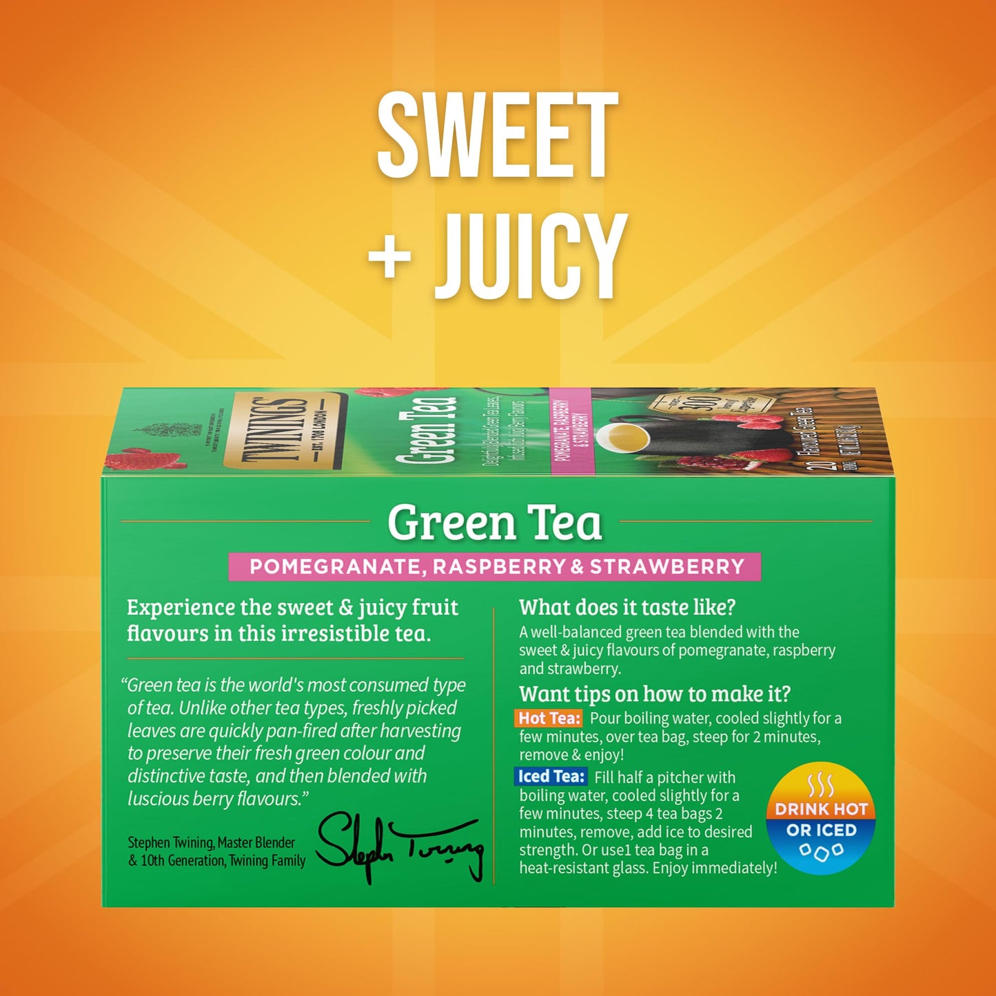 Twinings Green Tea With Pomegranate, Raspberry, & Strawberry Individually Wrapped Bags, 20 Count (Pack Of 6), Caffeinated, Enjoy Hot Or Iced | Packaging May Vary
